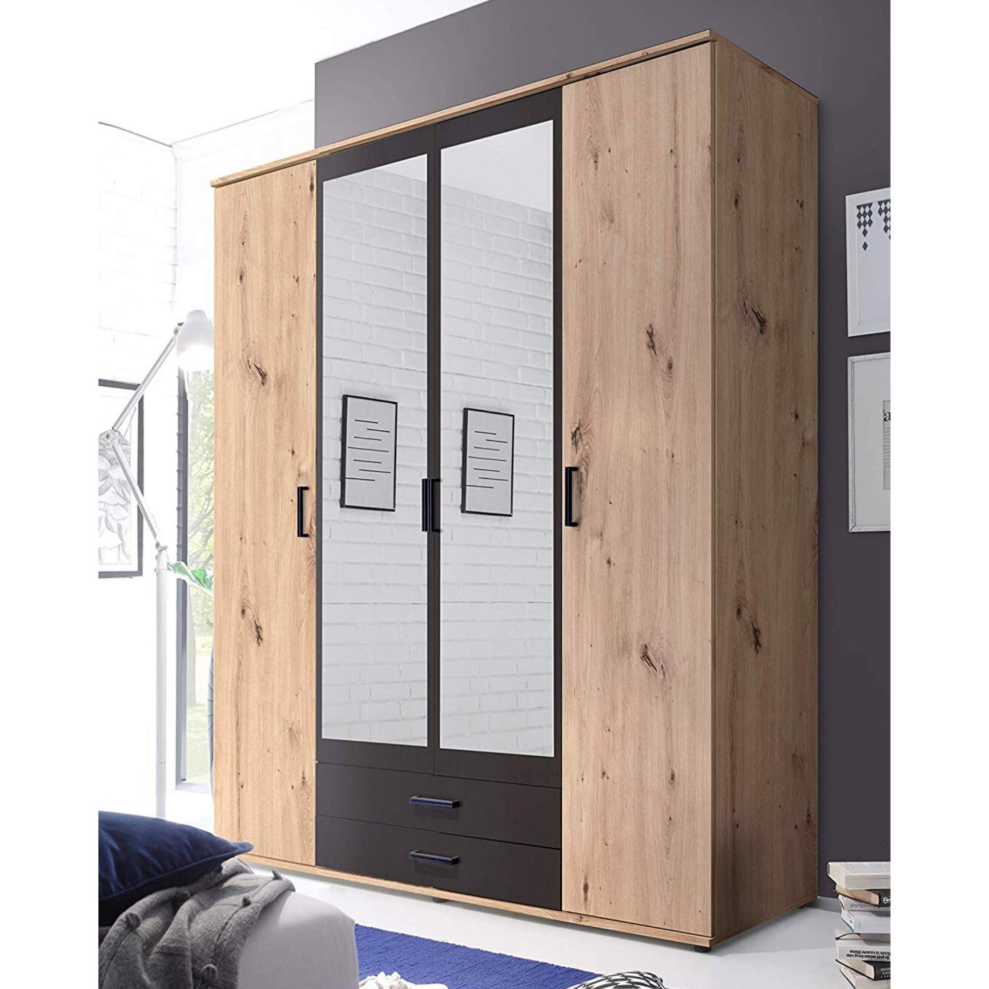 Stella Trading CHICAGO Eleganter Kleiderschrank mit viel Stauraum - Vielseitiger Drehtürenschrank in Artisan Eiche Optik und Absetzungen in Anthrazit - 156 x 197 x 54 cm (B/H/T)