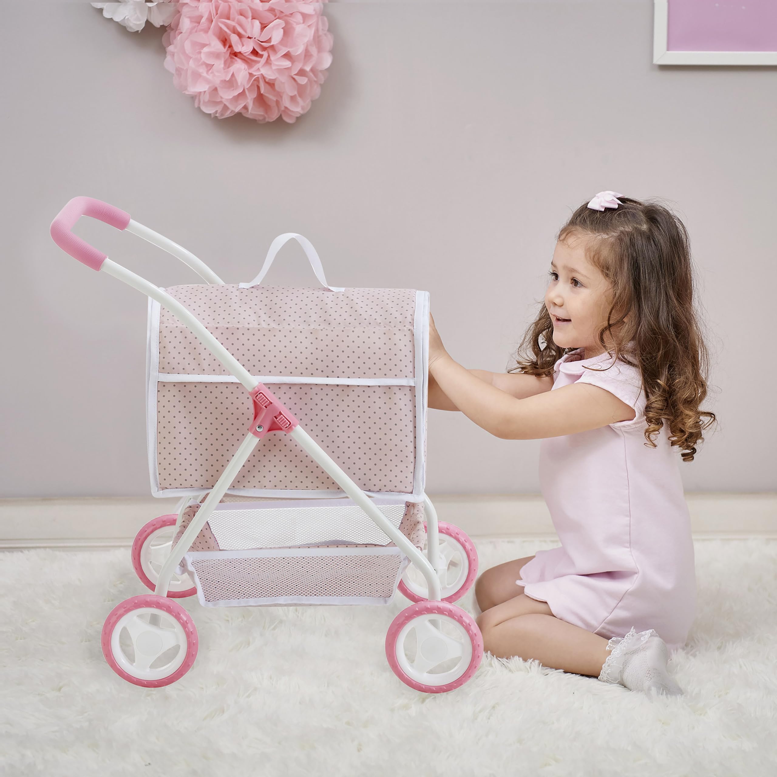 Olivia's Little World Polka Dots Princess Doll Animal Stroller with Detachable Toy Pet Carrier - Pet Doll Pram for 3 yrs and Up - Pink/Gray