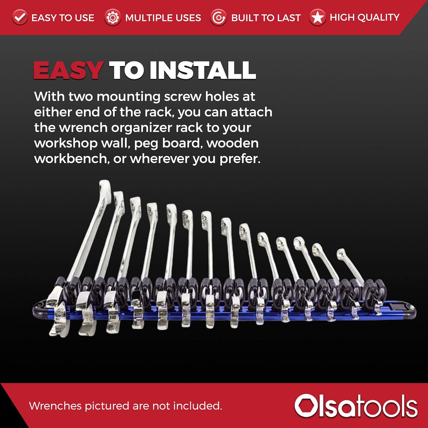 Olsa Tools Wall Mount Wrench Organizer with Rotating Clips | Blue Anodized Aluminum + Black Clips | Premium Quality Wrench Holder | 14 Wrenches Fit Rack