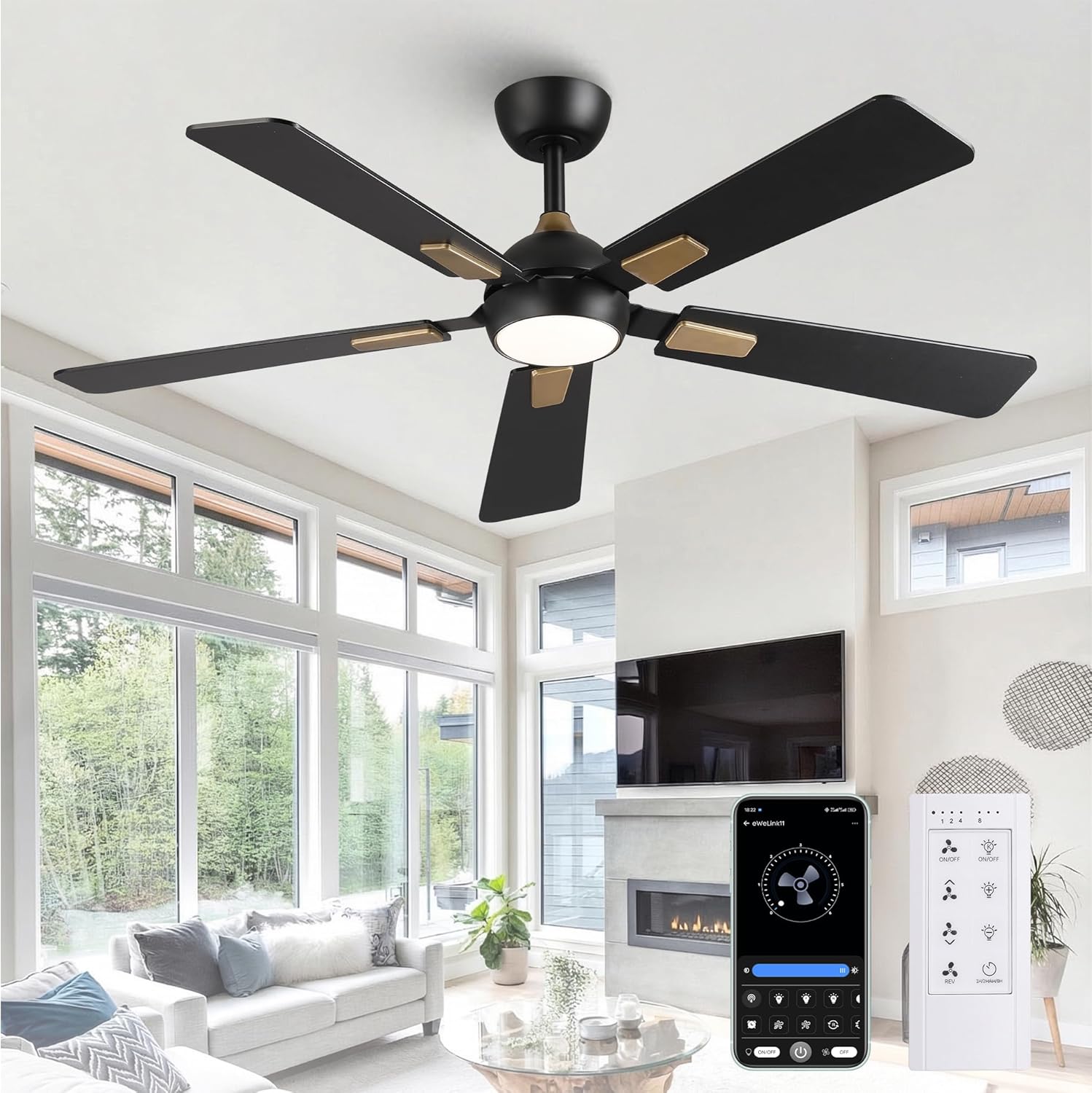 52 Inch Ceiling Fan with Lights and Remote, DC Motor Quiet 6-Speed Reversible Fan, Dimmable LED 3000K/4000K/6000K, Smart APP Control, Modern Black & Gold Ceiling Fan for Bedroom Living Room