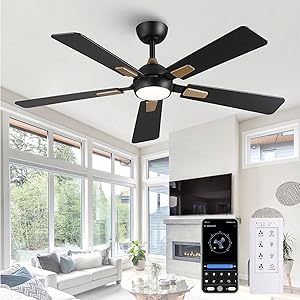 52 Inch Ceiling Fan with Lights and Remote, DC Motor Quiet 6-Speed Reversible Fan, Dimmable LED 3000K/4000K/6000K, Smart APP Control, Modern Black & Gold Ceiling Fan for Bedroom Living Room