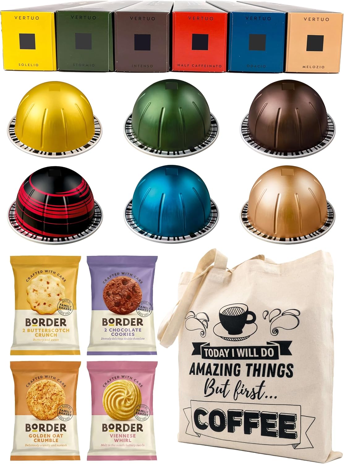 Coffee Pod Variety Pack for Nespresso Vertuo Machine - Solelio, Half Caffeinato, Intenso, Stormio, Melozio, Odacio - 6 Boxes 60 Pods Bundled with Border Biscuits and Reusable Tote Bag