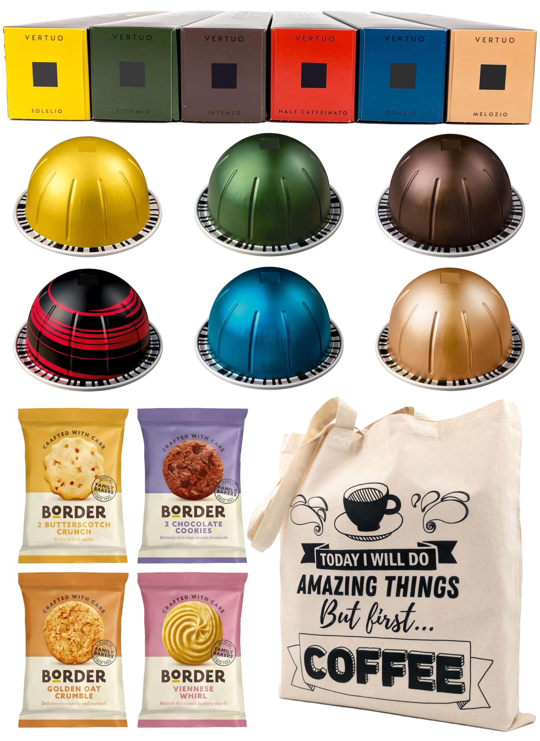 Coffee Pod Variety Pack for Nespresso Vertuo Machine - Solelio, Half Caffeinato, Intenso, Stormio, Melozio, Odacio - 6 Boxes (60 Pods) Bundled with Border Biscuits and Reusable Tote Bag