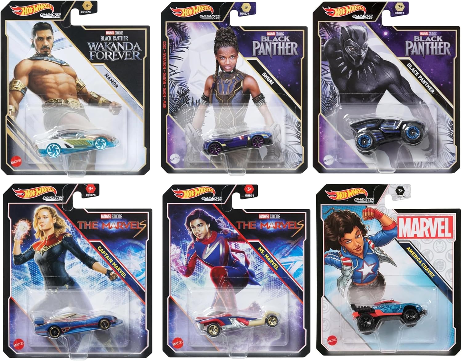 Hot Wheels Character Cars – Complete 6‑Pack (HHB74‑956G) | Includes Black Panther, Namor, Shuri, Ms. Marvel, Captain Marvel & America Chavez | 1:64 Die‑Cast Vehicles – Ages 3+