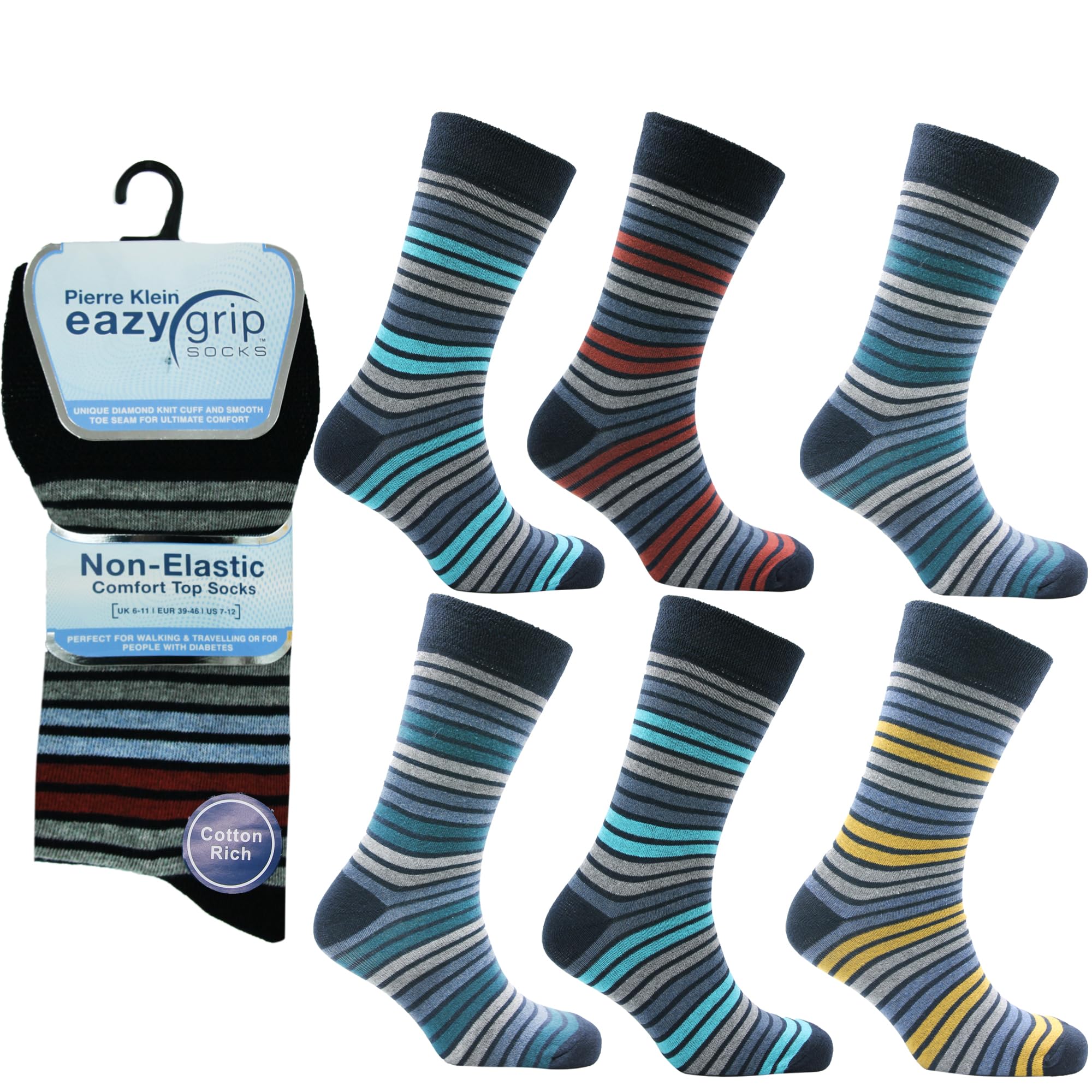 6 Pairs Eazy Grip Men’s Socks - Non-Elastic – Cotton Rich Comfort Fit, Soft Top Socks for Circulation Support – UK Size 6-11, Assorted Stripes