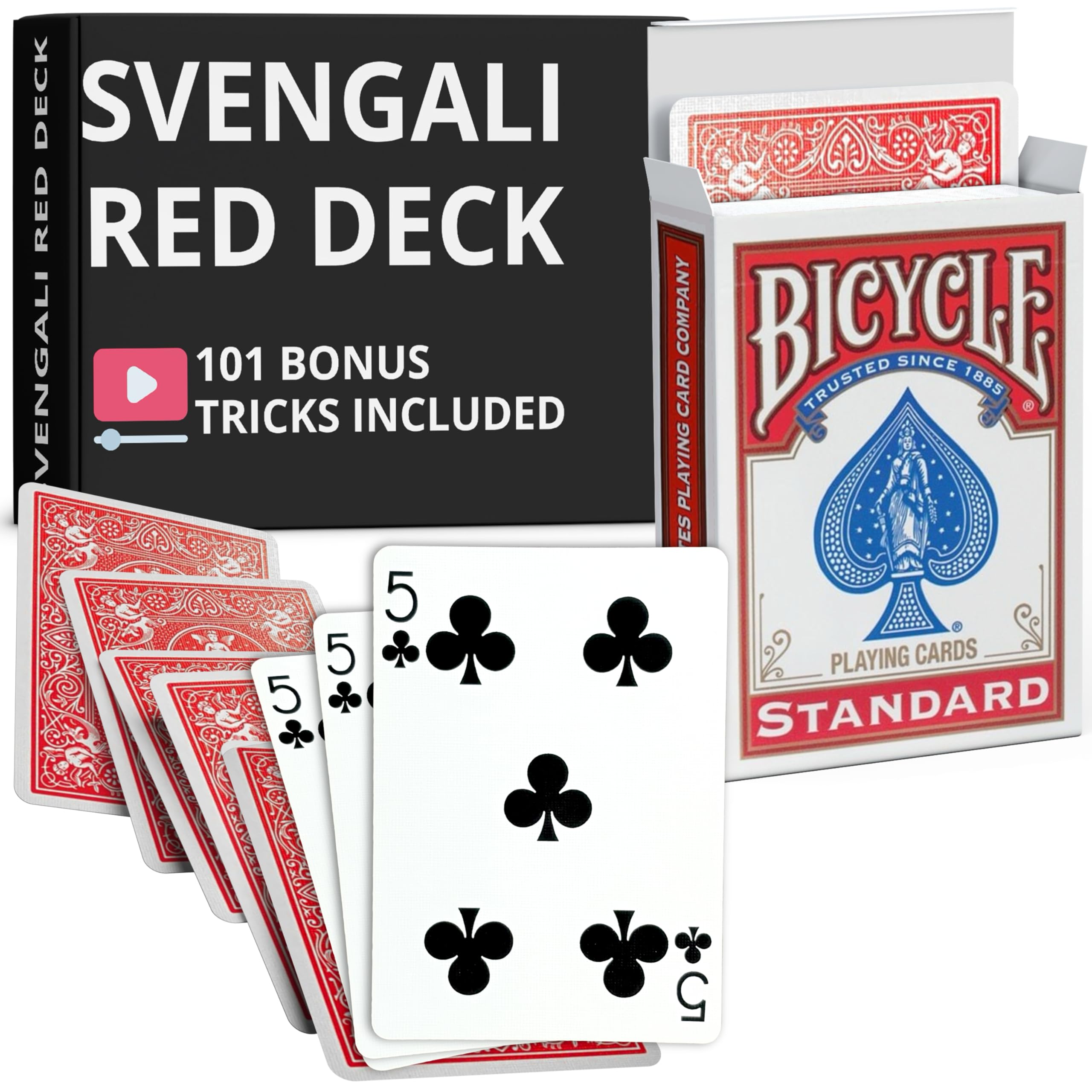 Ted's Sterling Magic Precision Red Rider Back Bicycle Svengali Deck with Instructions for 100+ Tricks (5 of Clubs)