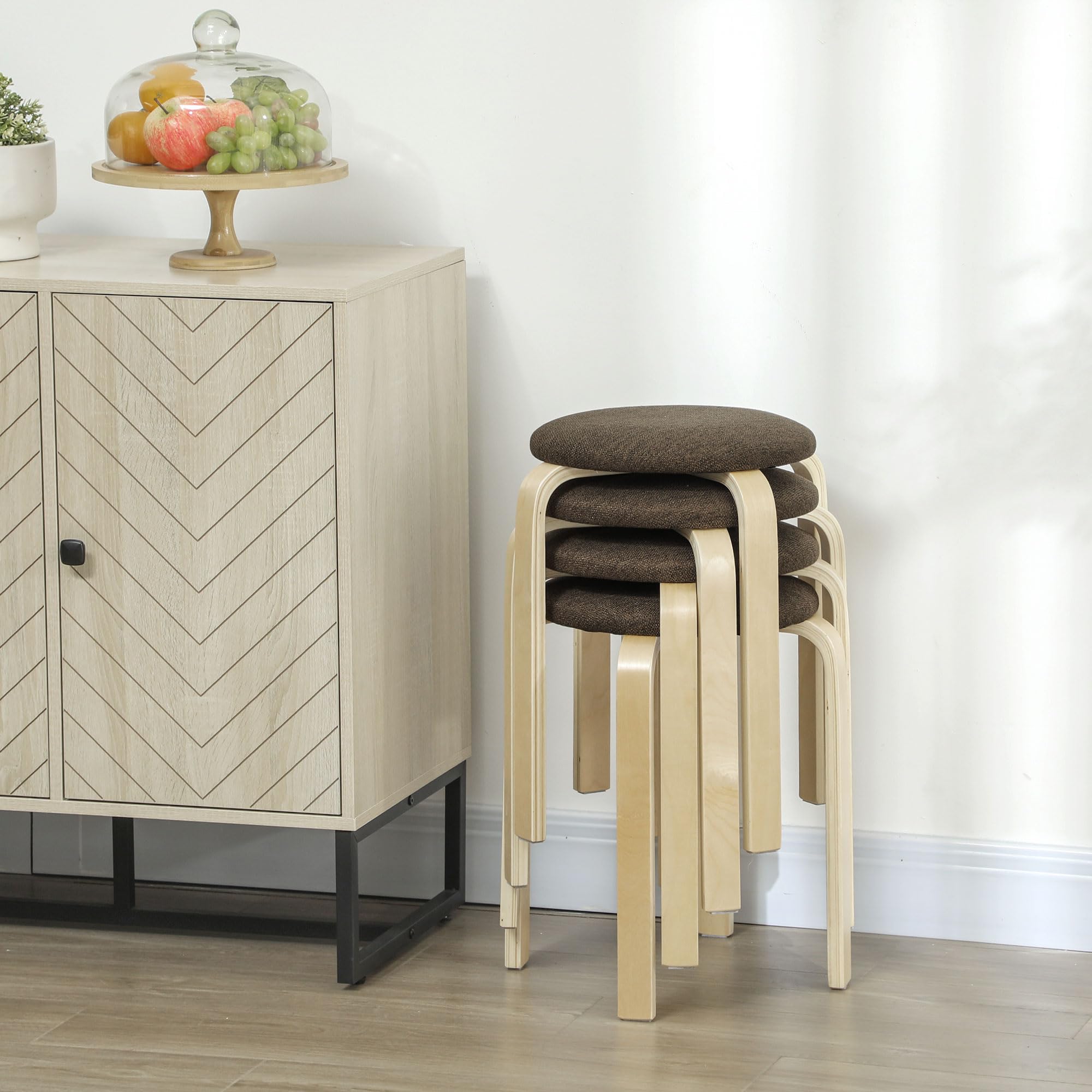 HOMCOM - Lot de 4 tabourets ronds empilables - Tabourets de cuisine bas avec assise rembourrée pour salle à manger, chambre à coucher, bureau, salon - Marron et naturel
