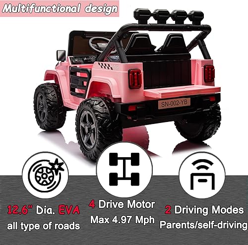 Miniatura 3 de Sopbost Vehículo eléctrico de 24 V y 2 plazas para niños con control remoto todoterreno con ruedas EVA, música, caja de herramientas, color rosa