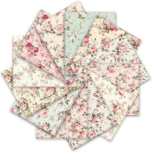 Whaline Paquete de 12 piezas de tela de algodón primaveral, color rosa, vintage, color rosa, cuadrados, pastel, floral, para manualidades,
