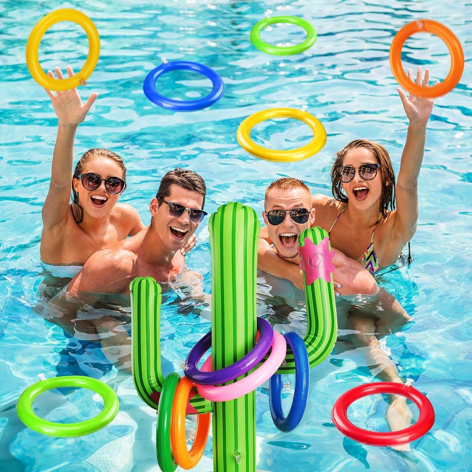 X spring Pool Toys Ring Toss, Floating Swimming Pool Ring Contains 2 Cactus and 16 Rings, Fun Inflatable Cactus Ring Toss Game Set, Inflatable Cactus Water Toys for Multiplayer Pool Games