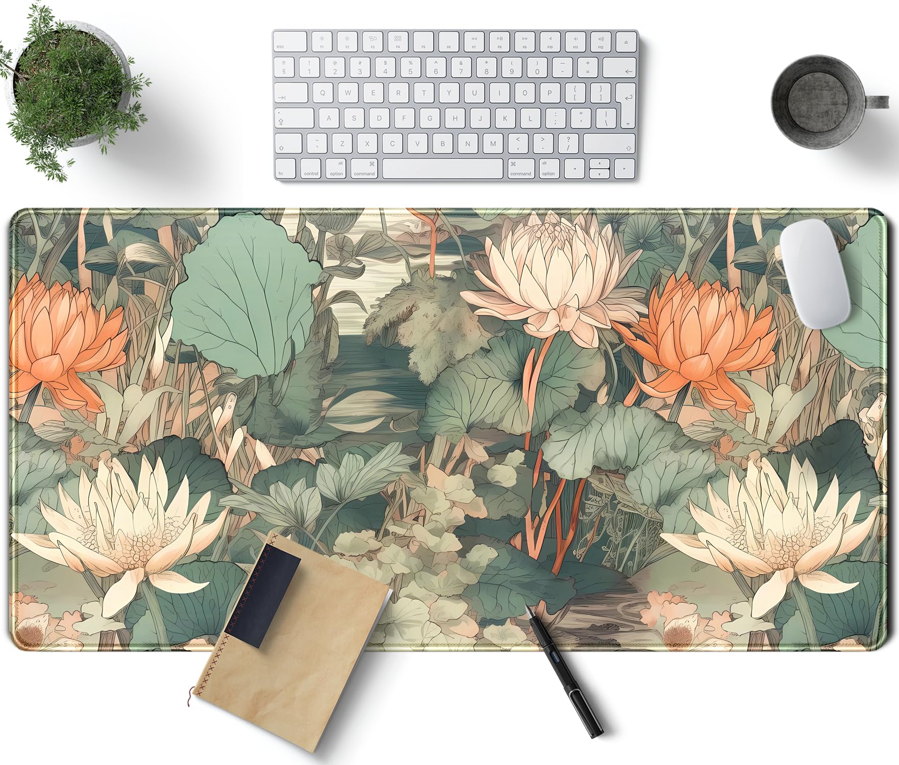 Light Emerald and Orange Floral Desk Mat, XXL Large Extended Mouse Pad Gaming Desk Pad, Aesthetic Asian Lotus Flower Big Laptop Keyboard and Mouse Mat