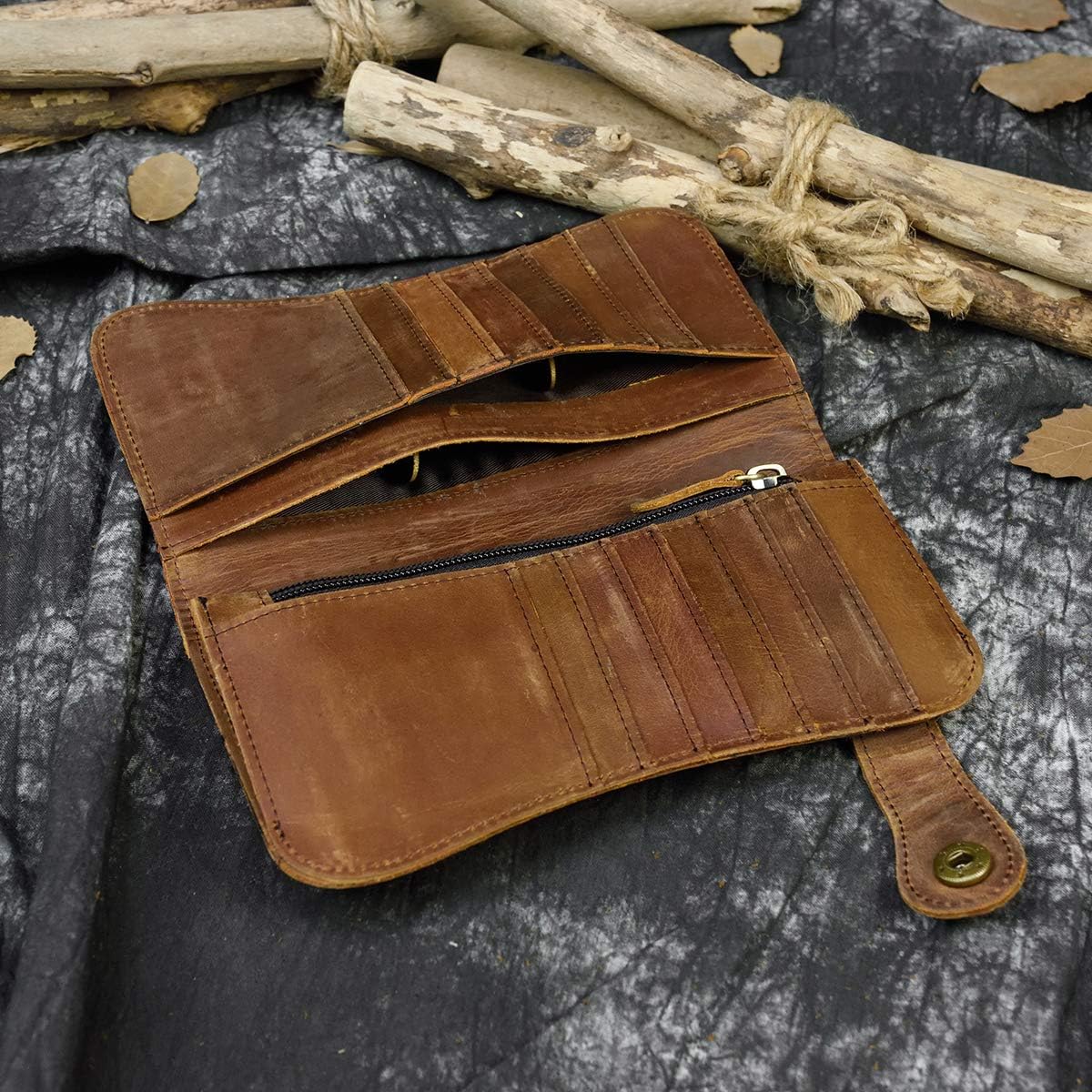 Men's Genuine Leather Long Wallet Chain Wallet Card holder Wallet with Coin Pocket - Image 5