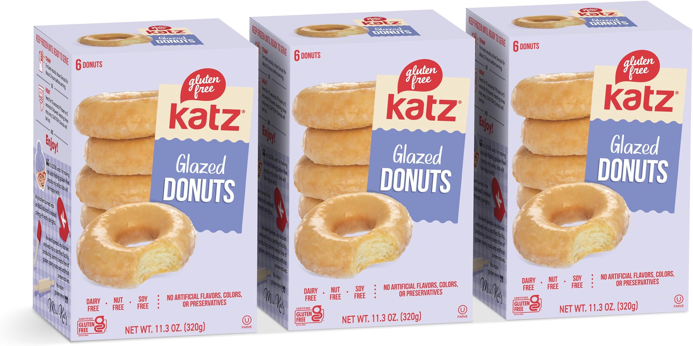Katz Gluten Free Glazed Donuts | Dairy Free, Nut Free, Soy Free, Gluten Free | Kosher (3 Packs of 6 Donuts, 11.3 Ounce Each)