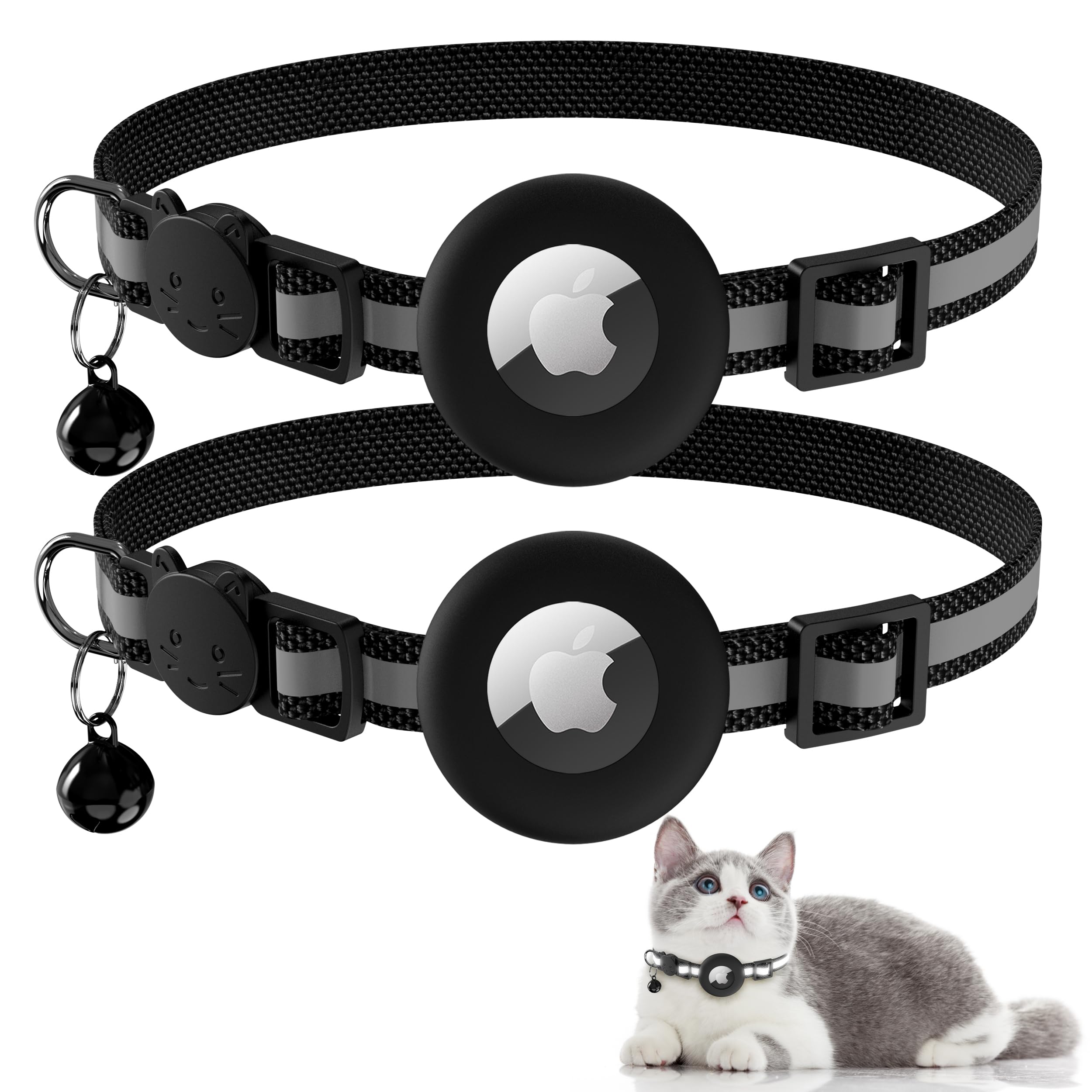 2-PACK Airtag Cat Collar Breakaway with Bell,Reflective Kitten Collar with Apple Airtag Cat Collar Holder,Adjustable 7-12In,Safety Buckle for Girl Boy Cats,Pet Supplies,Accessories,Gifts 2-PACK 04