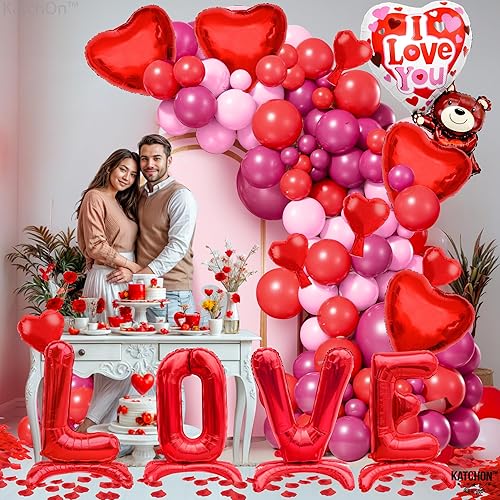 Miniatura 6 de KatchOn, Kit de arco de globos de San Valentín, enorme, paquete de 96, globo de oso de 33 pulgadas, globos de amor autónomos, pétalos de rosa rojos,