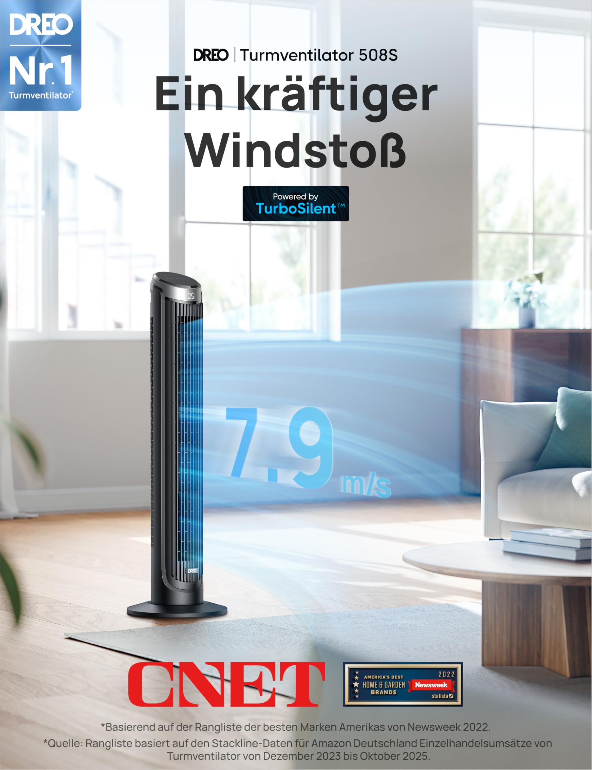 DREO Smart Turmventilator, 90° Oszillierend Standventilator, 7.9 m/s, 5 Stufen, 4 Modi, Touch/Fernbedienung/App, Alexa, 12H Timer, Silber