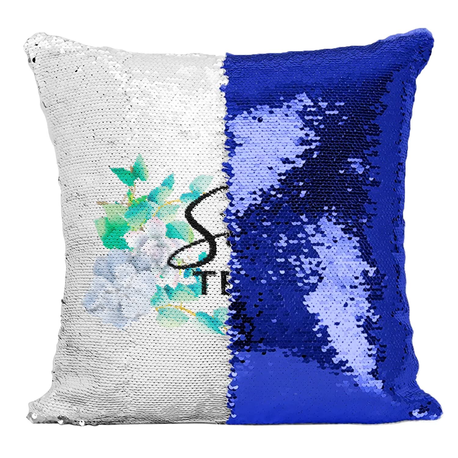 Coussin paillettes bleu super témoin mariage, finition premium fleurs bleues