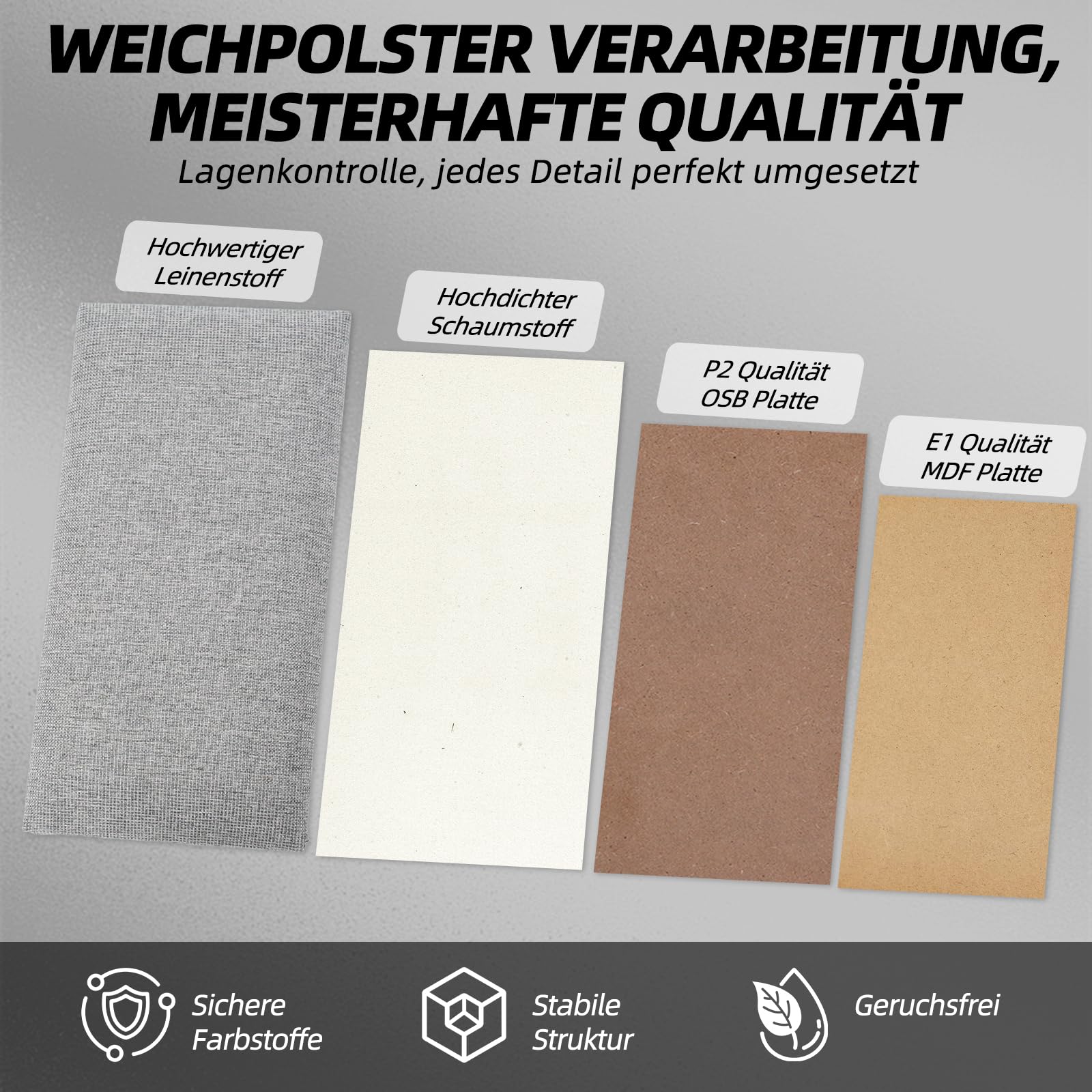 Polsterpaneele 4er Set, rechteckige Deko-Wandpaneele, als Kopfteil oder Prallschutzpaneel verwendbar, reduziert Lärm und verbessert die Akustik, 40x20 cm, hellgrau (hellgrau, 40 * 20cm)