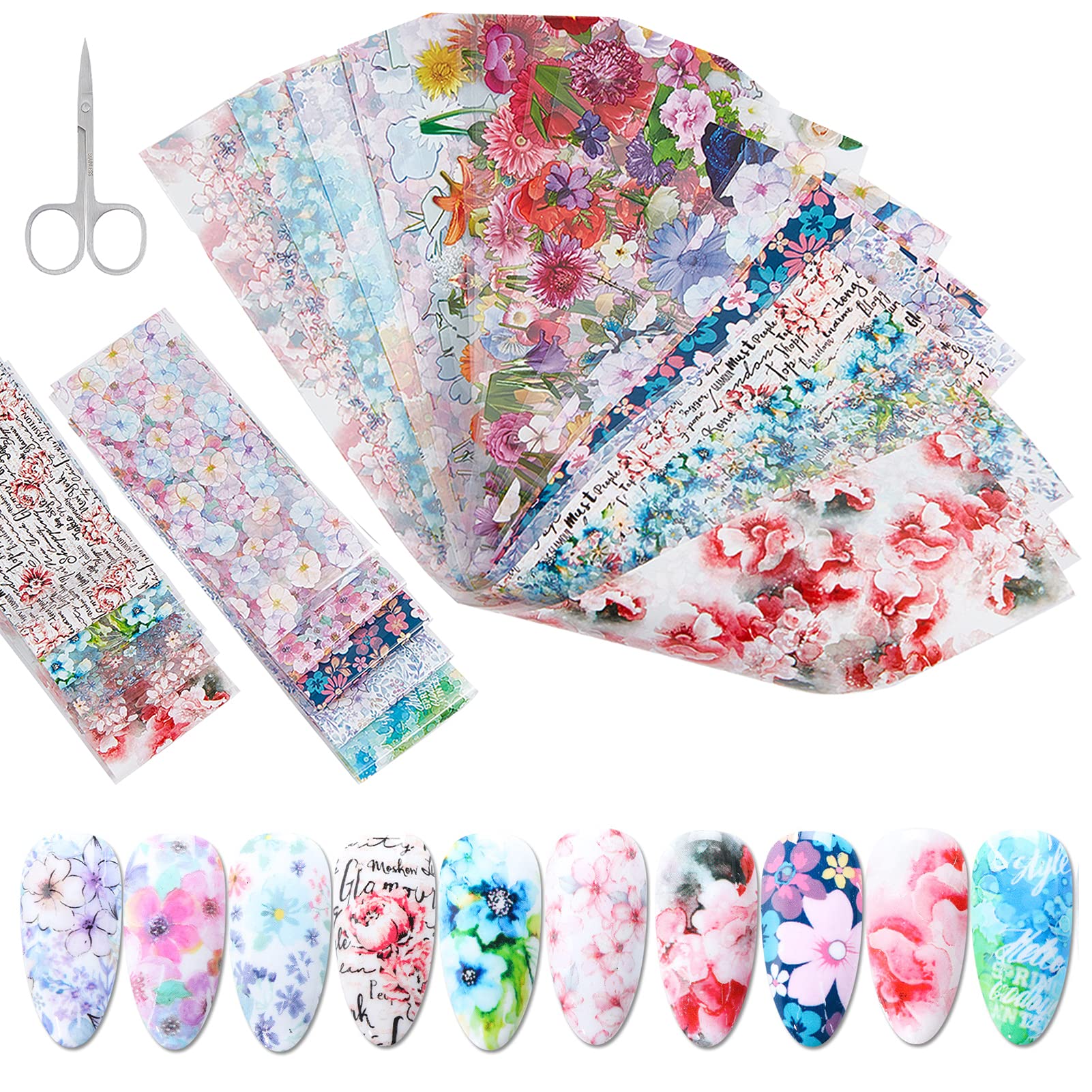 NICENEEDED 20pc Spring Flowers Nail Foil Transfer Stickers, Summer Flowers Design Nail Art Stickers, Wraps Decals with Scissors for Women & Girls DIY