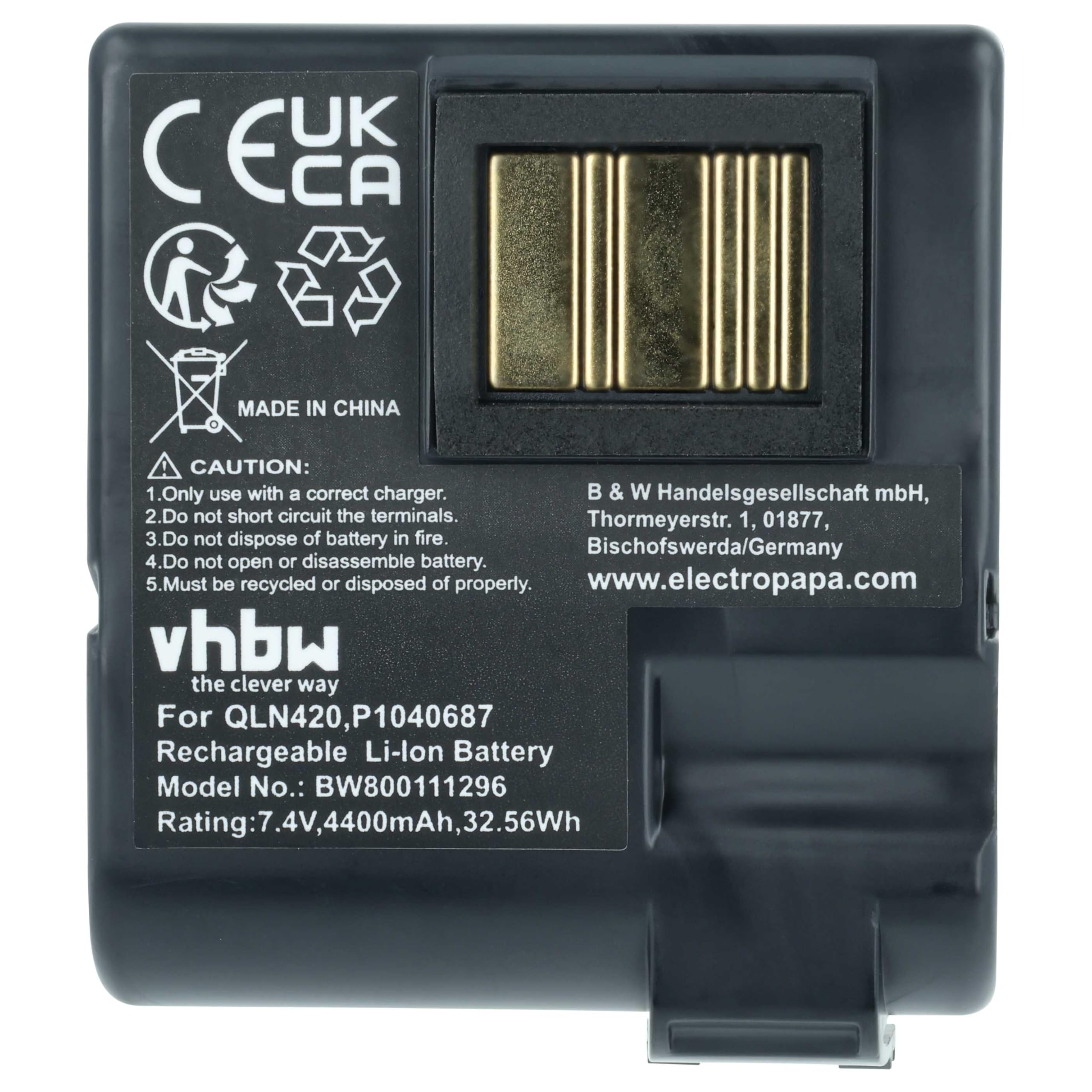 vhbw Akku kompatibel mit Zebra QLN420, ZQ630 Drucker Kopierer Scanner Etiketten-Drucker (4400 mAh, 7,4 V, Li-Ion)