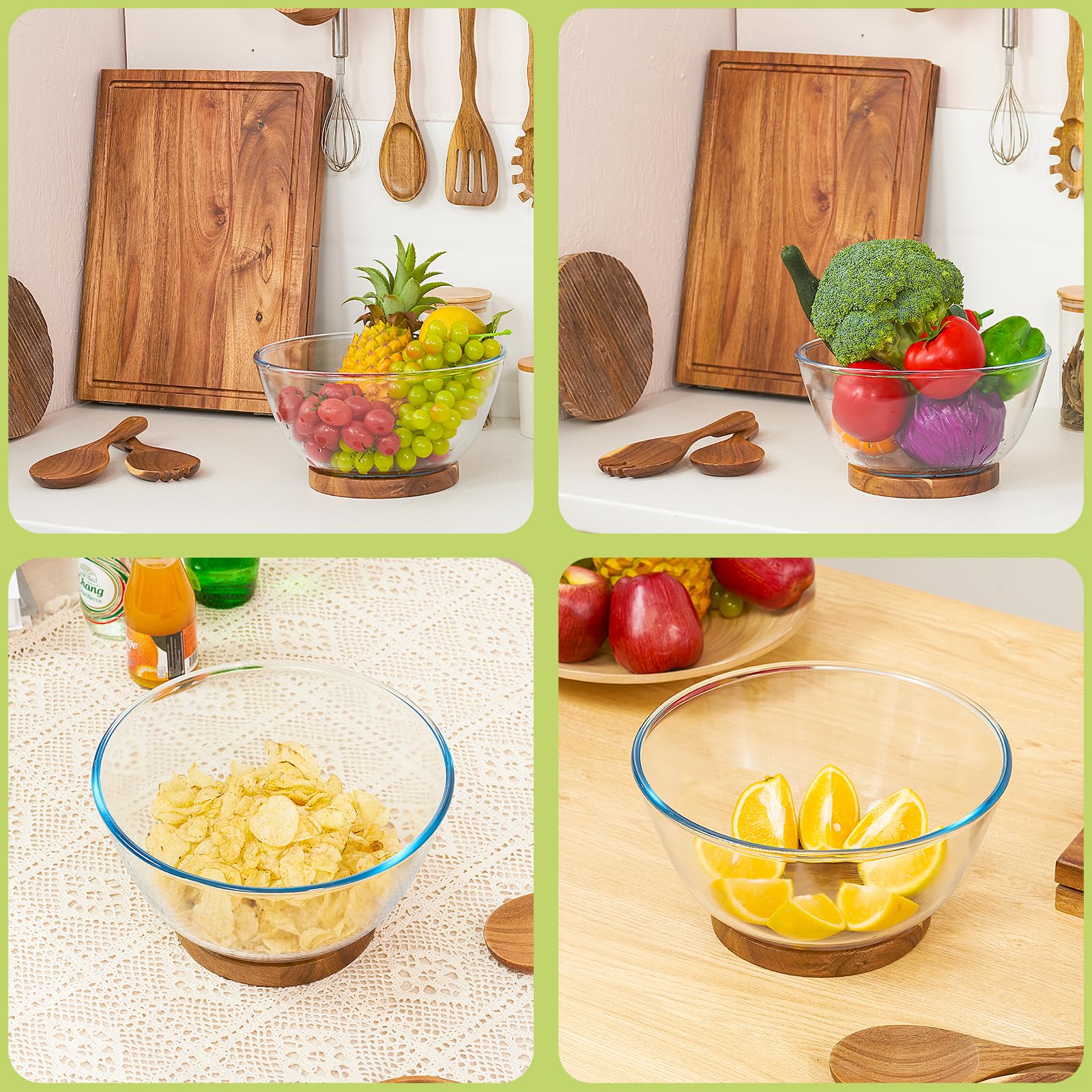 Ensaladera grande de cristal, juego de cuencos de ensalada de vidrio con base de madera de acacia y utensilios para servir ensaladas, juego de cuencos grandes para organizar fiestas y artículos