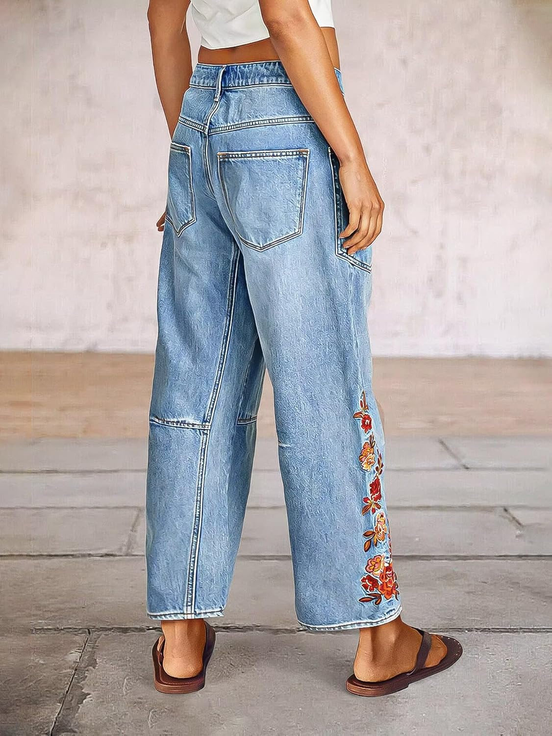 Flamingals Women's Mid Rise Straight Leg Raw Hem Embroidery Side Stitch Detail Casual Jeans - Image 3