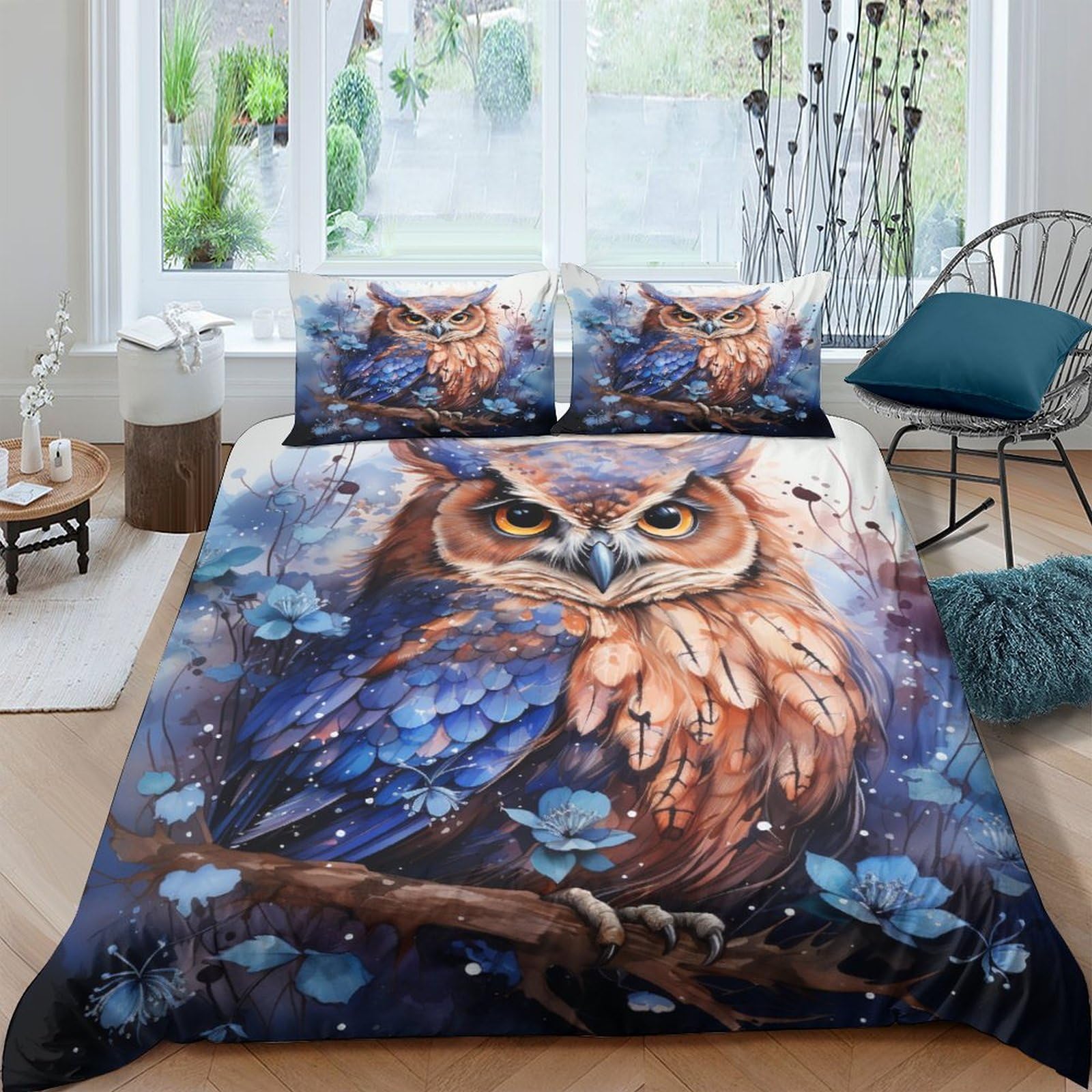 Parure de lit hibou King 220x240 cm avec housse de couette 3D et taies