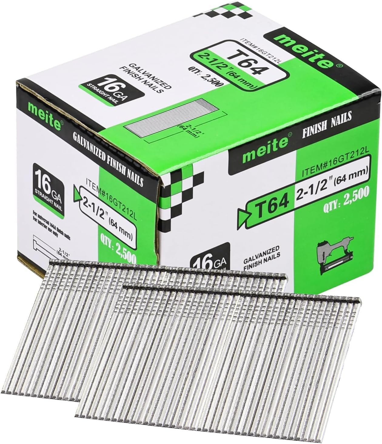 meite 16 Gauge Finish Nails, 64 mm 16G Finish Nail, Galvanised Finishing Nails for Nail Gun - Ideal for Woodworking, Upholstery, and Framing Projects (2,500 Counts)