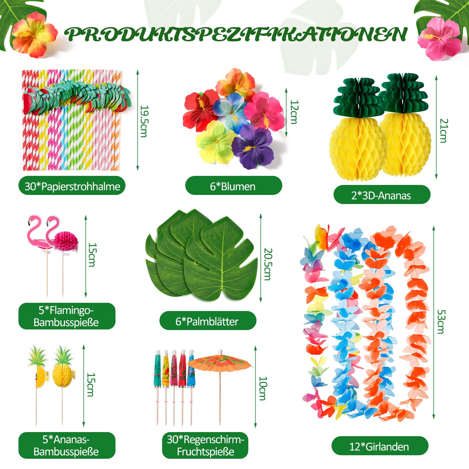 Hawaii Party Dekoration Set, 97PCS Tropische Party Dekoration Set, Hawaii Luau Tischröcke, Girlanden, Palmblätter, Ananas Flamingo Regenschirm Obst Stroh Kombition zum Grillen, Gartensommer
