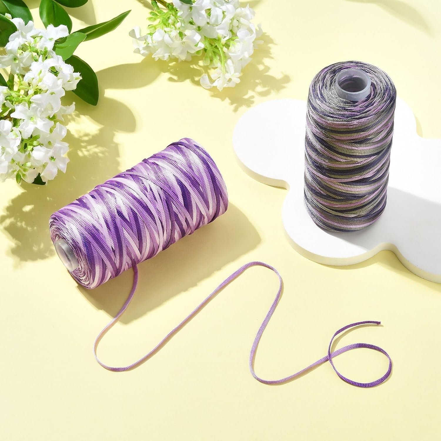 Cheriswelry 3mm Purple Hand Crocheting Yarn Ice Silk Polyester Thread | 2 Rolls Hand Knitting Yarn Crochet Macrame Bag Cord Gradient Polyester Yarn for Summer Sun Hats Shoes Bags DIY Wall Hangings