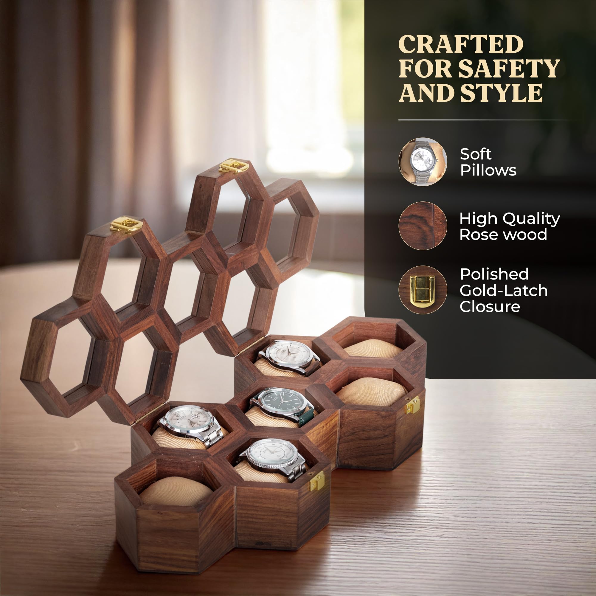 Caja organizadora de relojes para hombre, expositor de palisandro oscuro con tapa de cristal, elegante almacenamiento de relojes de viaje, regalo para él (7 ranuras)