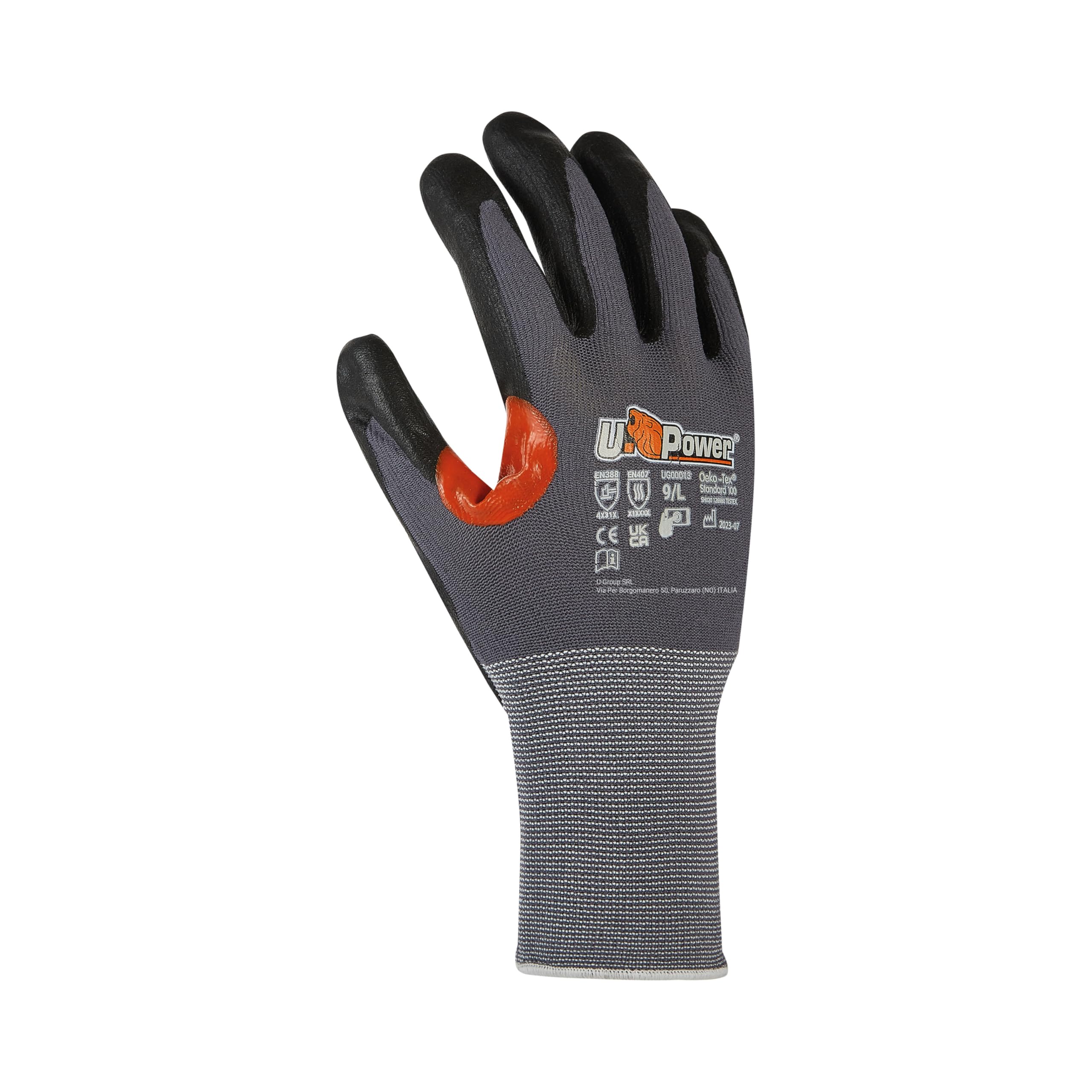 U Power Guantes de trabajo Kumba de seguridad con refuerzo de nailon revestimiento de nitrilo. Alta resistencia a la abrasión. Protección contra riesgos mecánicos térmicos. Color gris talla 9L