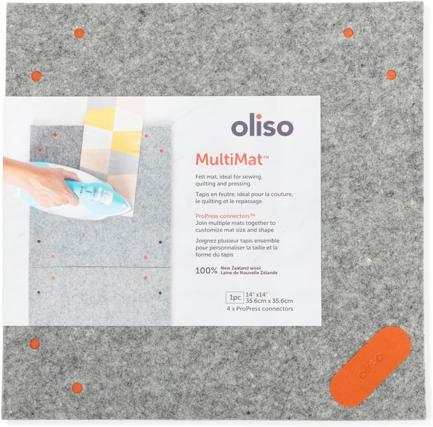oliso MultiMat Wool Pressing Pad – 100% New Zealand Wool, 14" x 14", ½" Thick – Ideal for Quilting, Sewing & Crafting (Single Pack)
