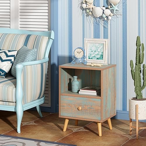 Miniatura 5 de JAXPETY Juego de 2 mesitas de noche con cajón y estante de almacenamiento abierto, mesa auxiliar con patas de madera maciza para dormitorio, color