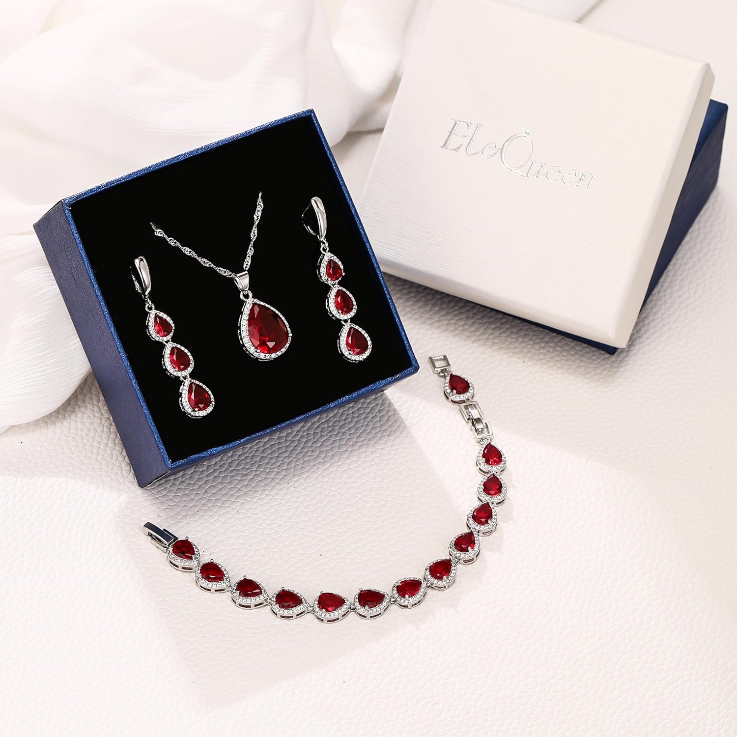 EleQueen Water Drop Pendant Necklace Long Dangle Earrings Tennis Bracelet Set, Sparkle Cubic Zirconia Teardrop Wedding Jewelry Sets for Bride Bridesmaid - Image 2