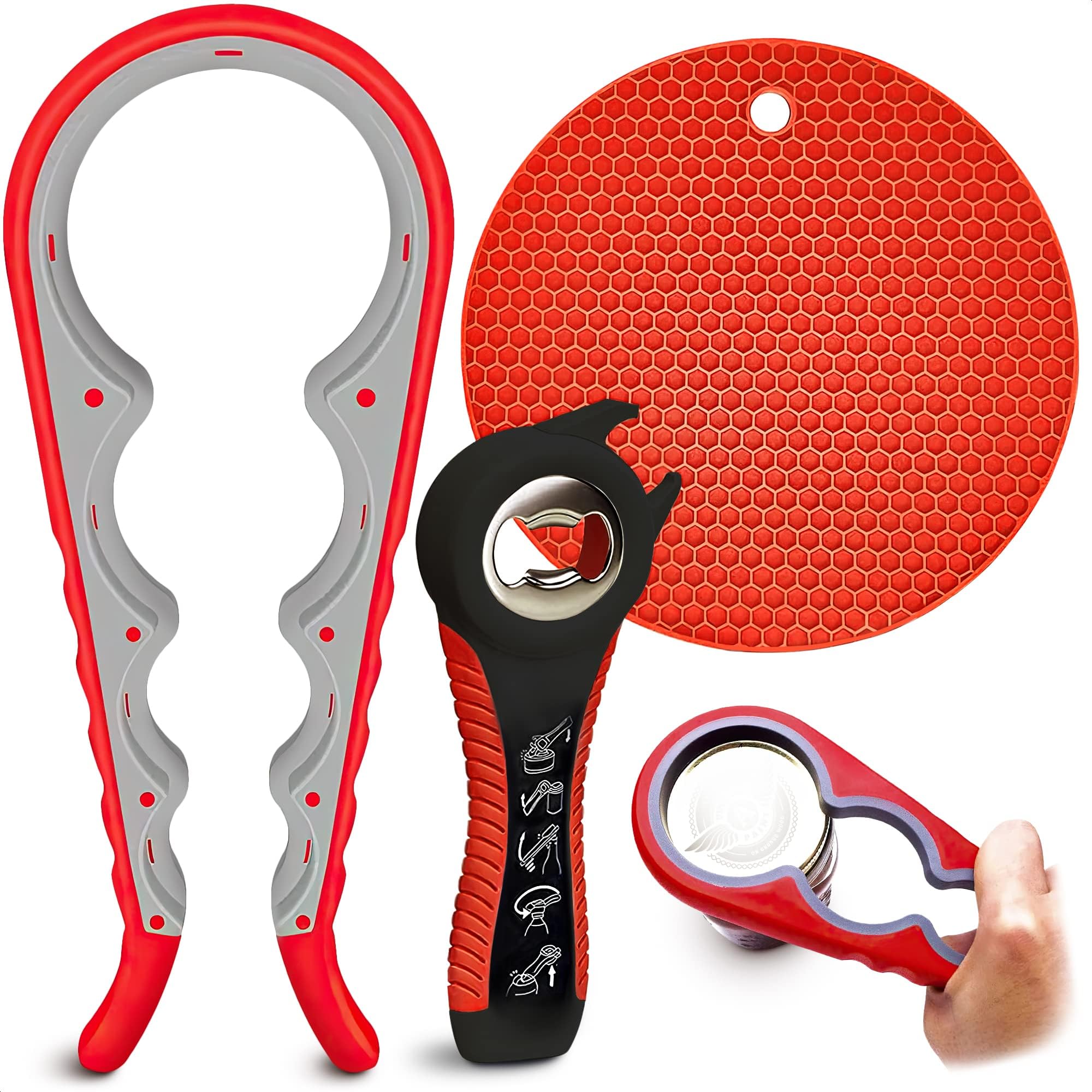 3 Pcs Rubber Jar Opener Grippers Tools for Seniors - Rubber Jar Opener Gripper Pad and 2 Openers for Seniors with Weak Hands, Ergonomic Handle, Easy to Use, Fits Up to 2.7 Inch Caps, Mothers Day Gift
