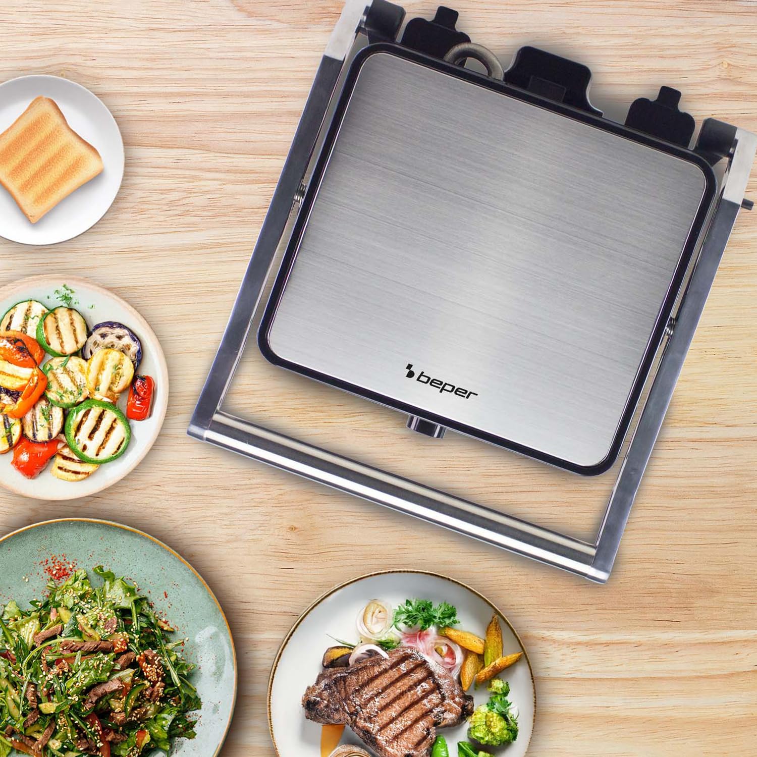 BEPER P101TOS503 Griglia Elettrica Multifunzione GRAND GRILL 3 in 1 – Bistecchiera, Piastra Panini e Griglia Barbecue – Piastre 28x25 cm, Apertura 180°, Termostato Regolabile – 2000W