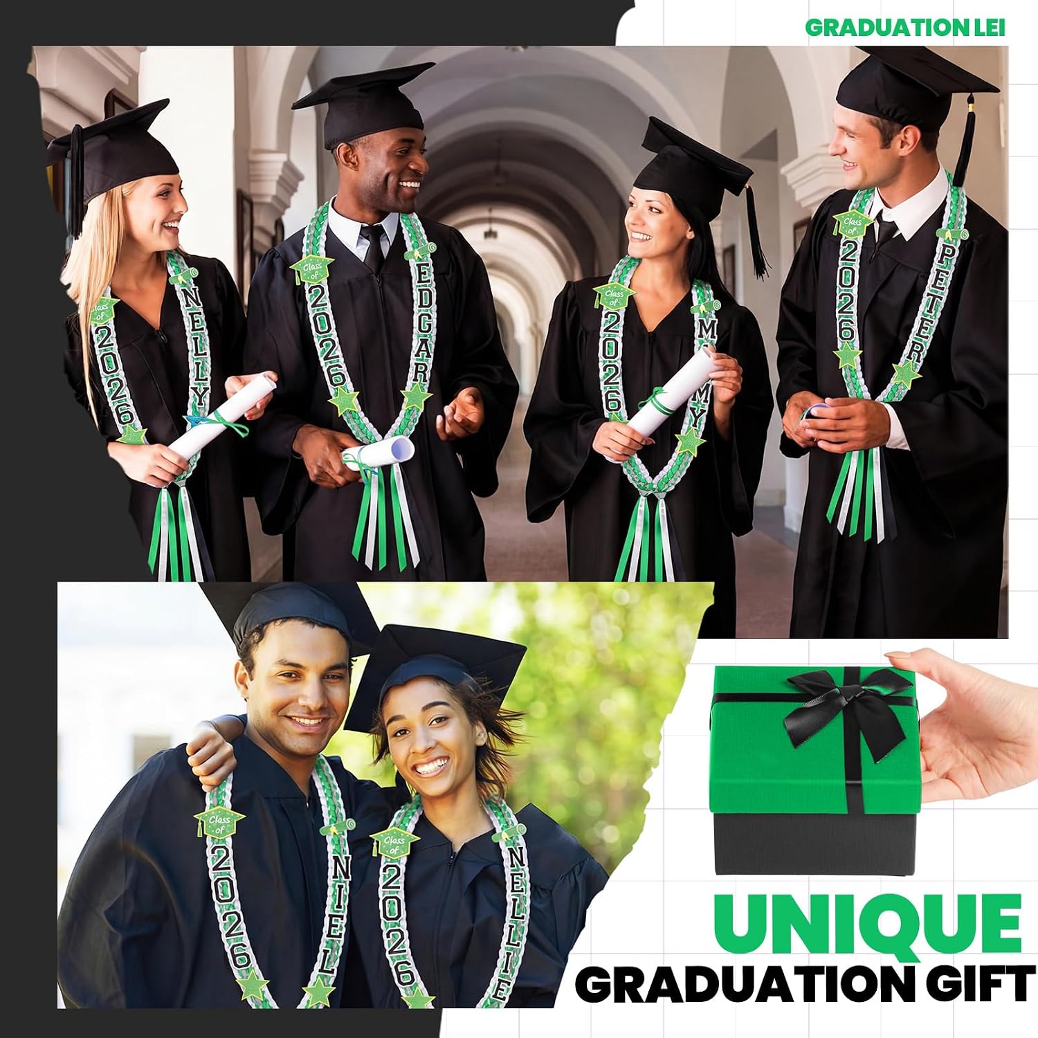 Juexica Graduation Ribbon Lei - Class of 2026 Graduate Leis, DIY Braided Necklace for Men and Women Graduation Gift(Green White,1 Set)