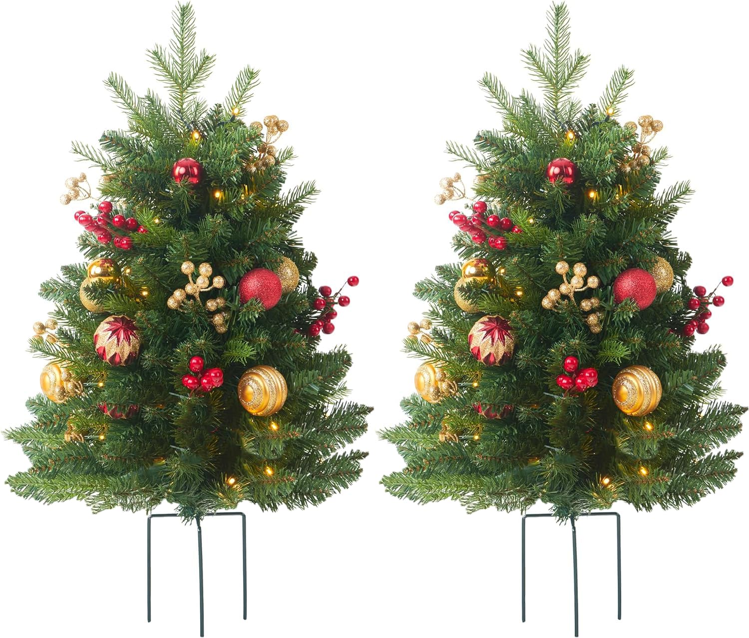HomeKaren Christmas Tree 30 inch Prelit 2 Set Pathway Porch Christmas Trees Pre-Light LED Battery Operated Outdoor Xmas Decor for Entrance Driveway, Yard, Garden, Red Berries, Pine Cones (Red & Gold)