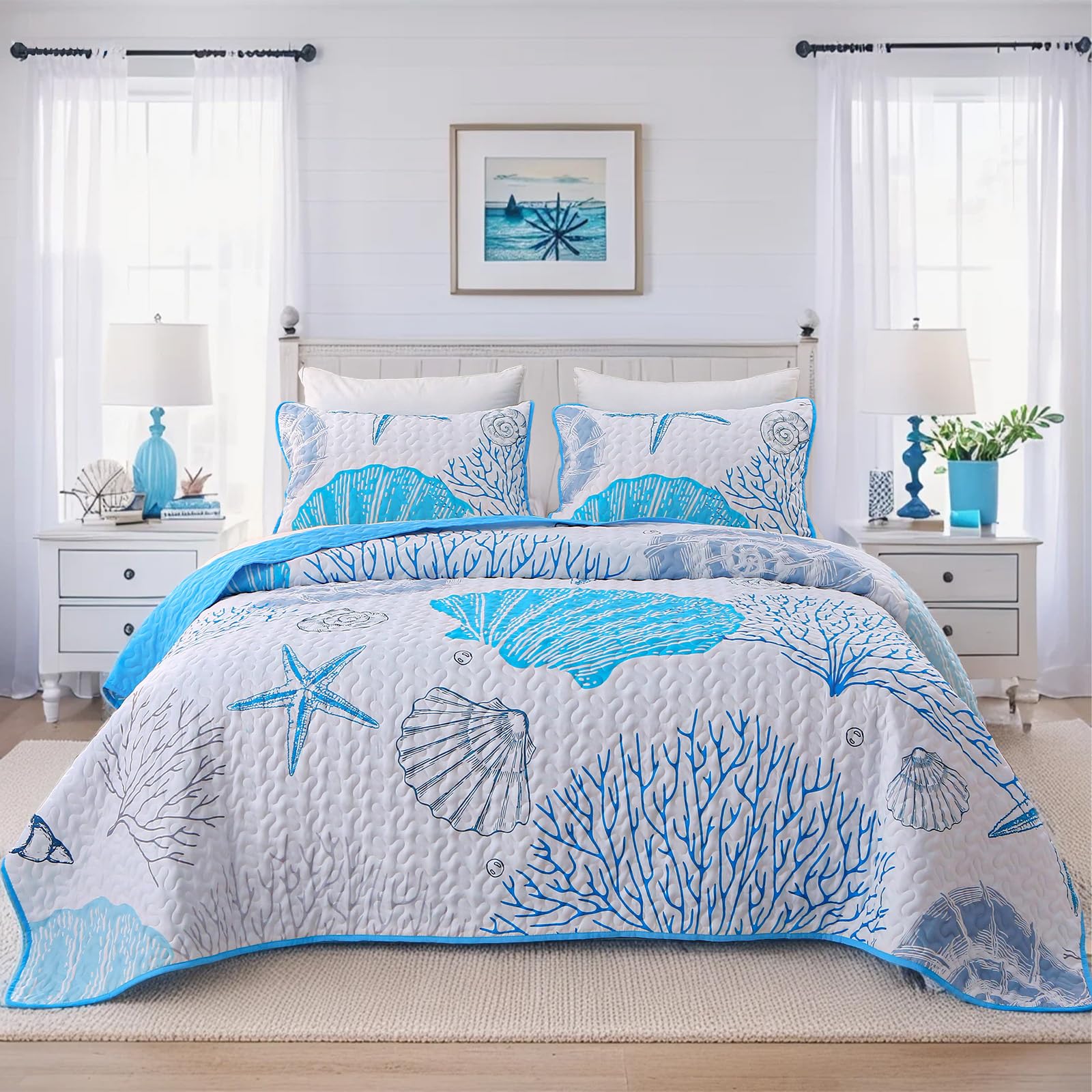 Heymybed Coastal Quilt Set Beach Coverlet Blue Starfish Coral Seashell Bedspread Ocean Beach Themed Bed Cover Microfiber Soft Lightweight Bedding Sets for All Seasons (106"×92")