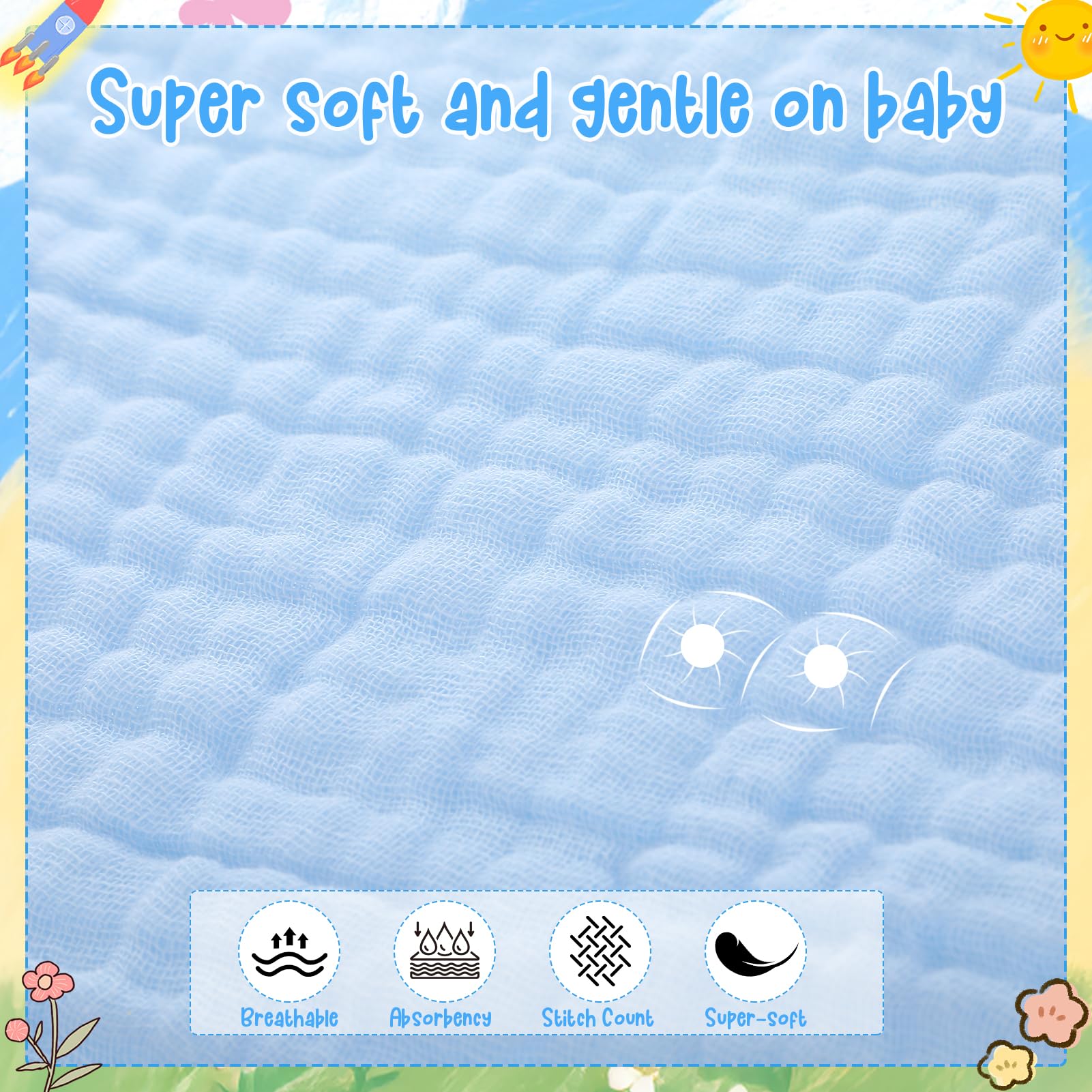 GSrenyu 5 Pack Large Baby Muslin Squares 100% Cotton 50x25cm Muslin Cloths for Newborn Super Soft Absorbent Face Cloths - Image 3