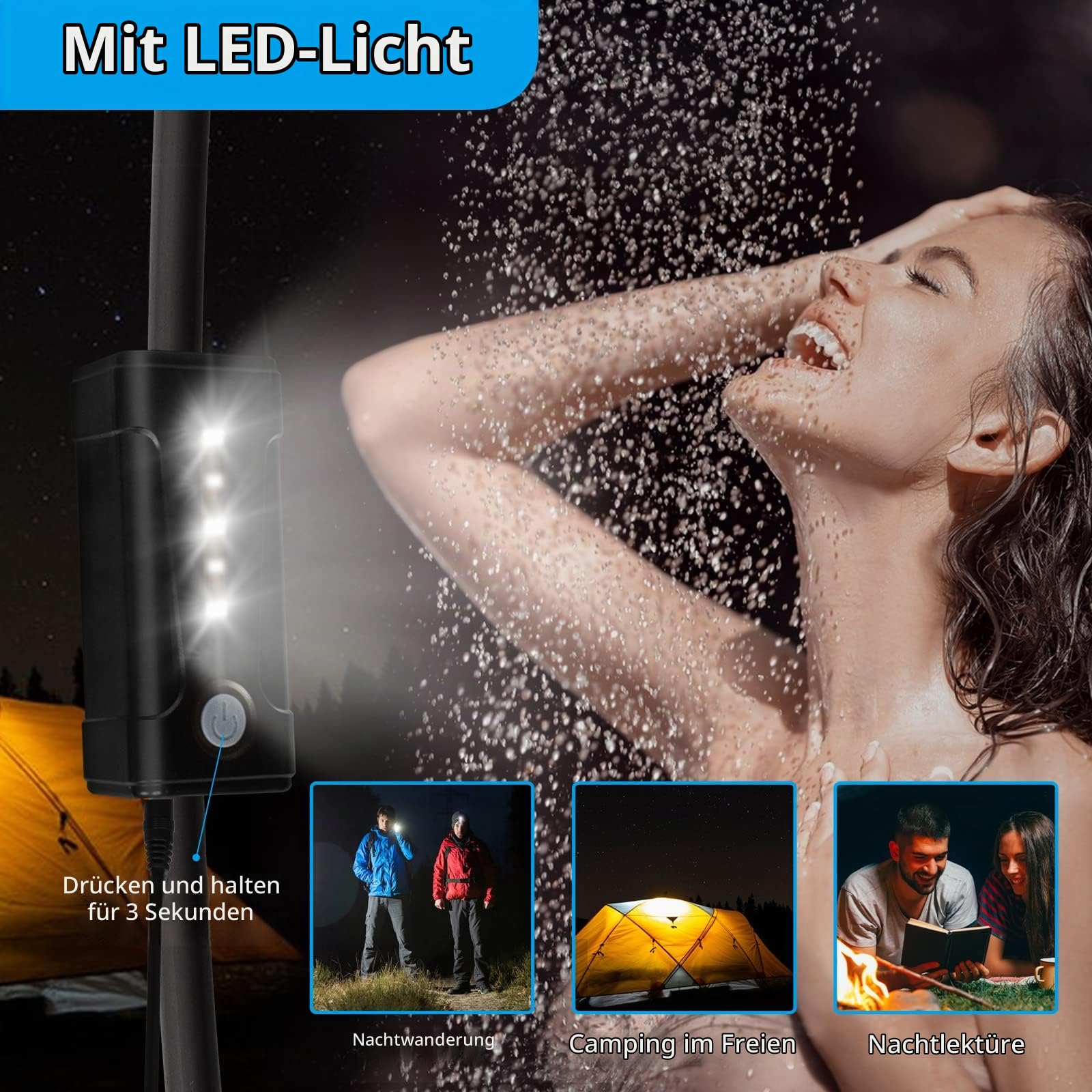 tragbare Campingdusche，LED-Licht，abnehmbare Batterie Camping Duschpumpe, tragbarer Outdoor Duschkopf, Wasserpumpe aus Eimer in stabilen und milden Duschkopf, verwendet für Camping und Reisen