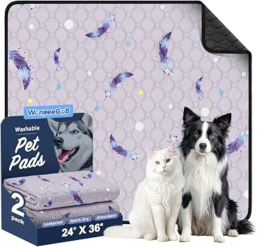 WanpeeGoo Washable Pee Pads for Dogs, 2Pack Reusable Puppy Pads, Super Absorbent & Leakproof Dog Pads, Anti-Slip Dog Pee Pads for Puppy Training & Incontinence, Feather Pattern 24"x36"