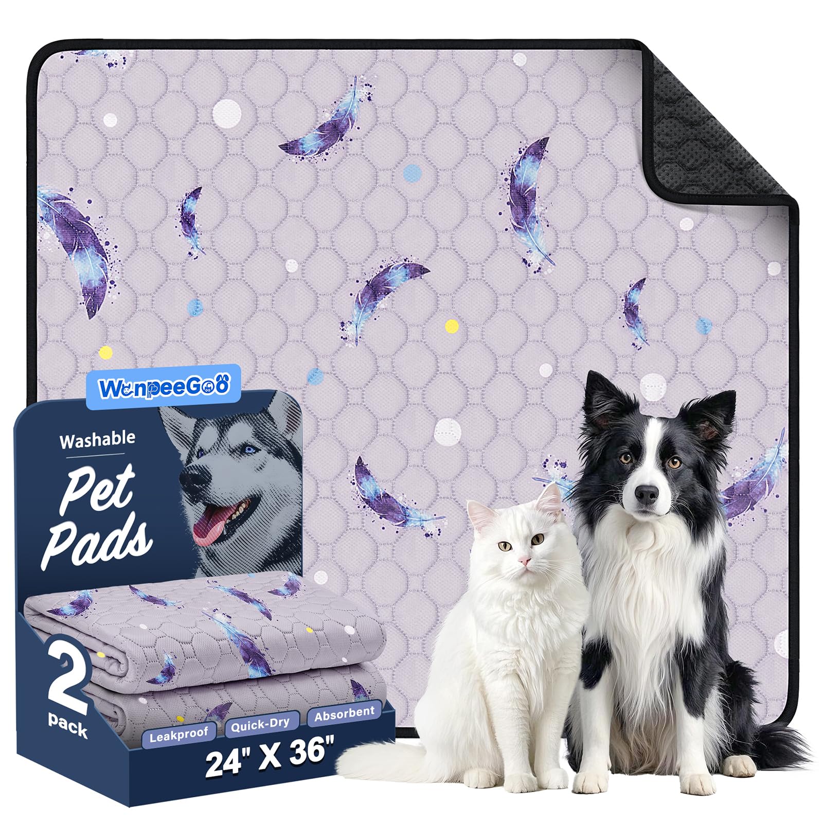 Photo 1 of **ONLY ONE** WanpeeGoo Washable Pee Pads for Dogs, 2Pack Reusable Puppy Pads, Super Absorbent & Leakproof Dog Pads, Anti-Slip Dog Pee Pads for Puppy Training & Incontinence, Feather Pattern 24"x36"