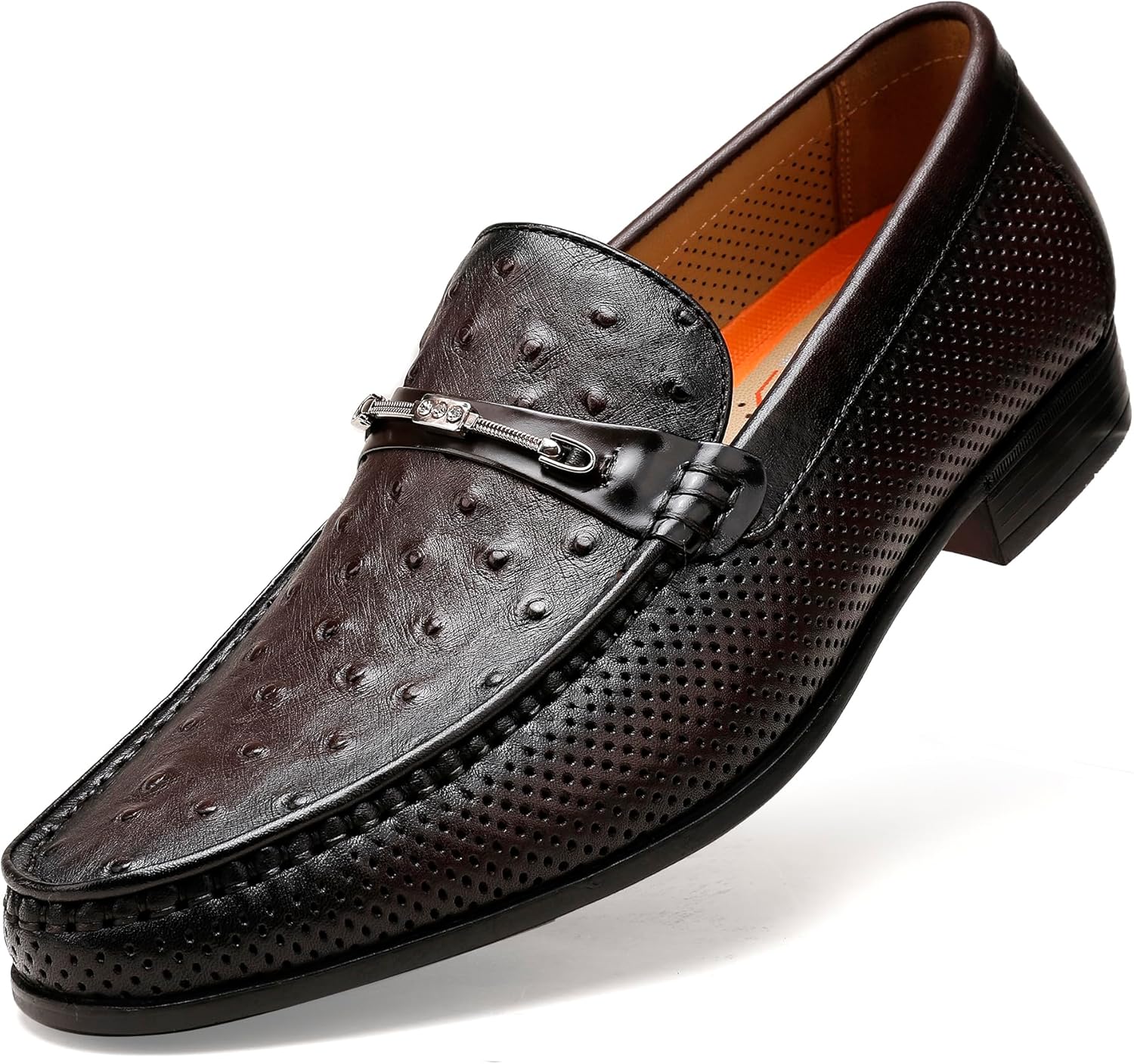 Black Men's Leather Dress Shoes, Casual Ostrich Print Slip on Loafer Moc Toe Metal Buckle Penny Formal Shoes for Mens