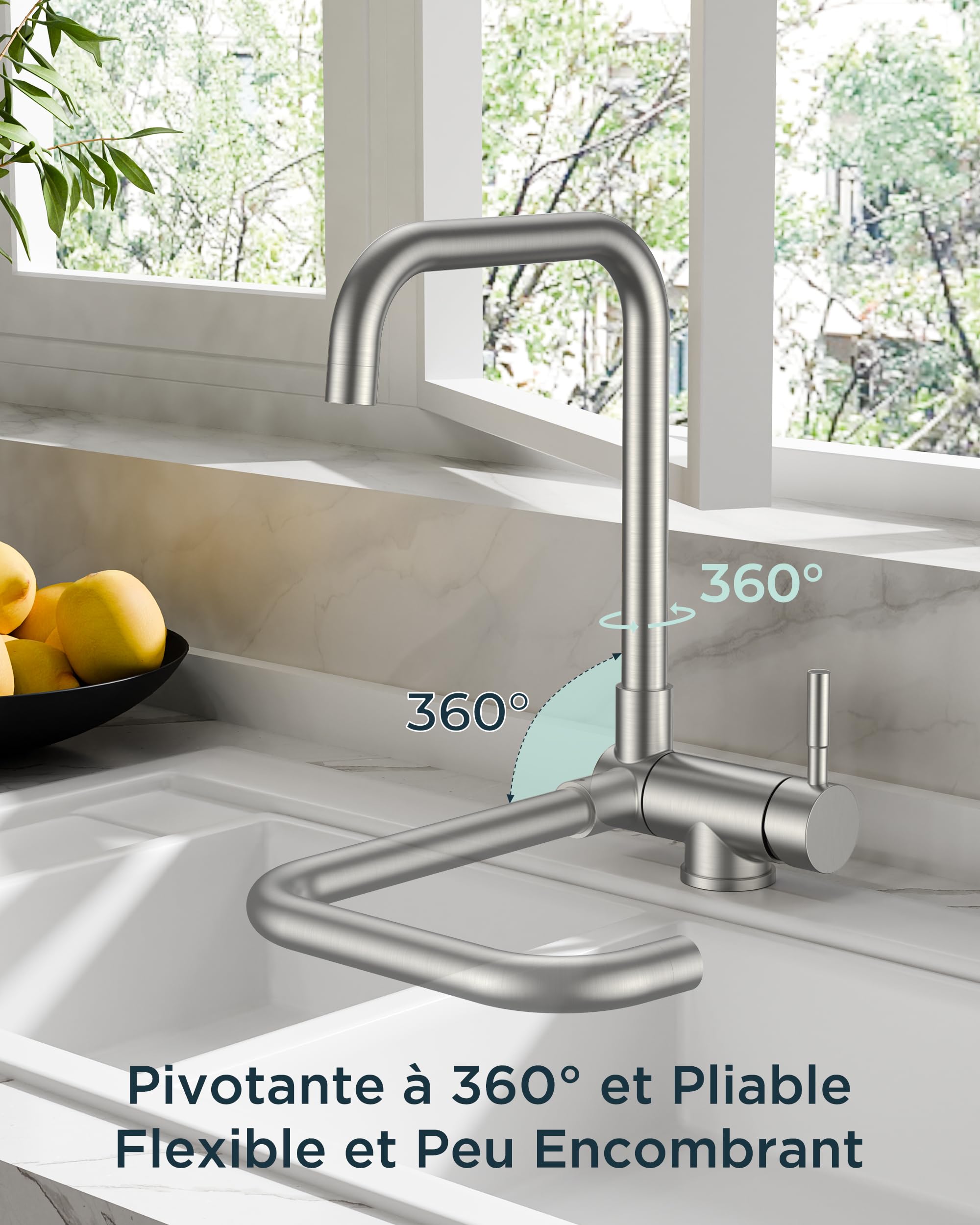 FORIOUS Robinet Cuisine Rabattable, Rotation à 360°, Acier Inoxydable