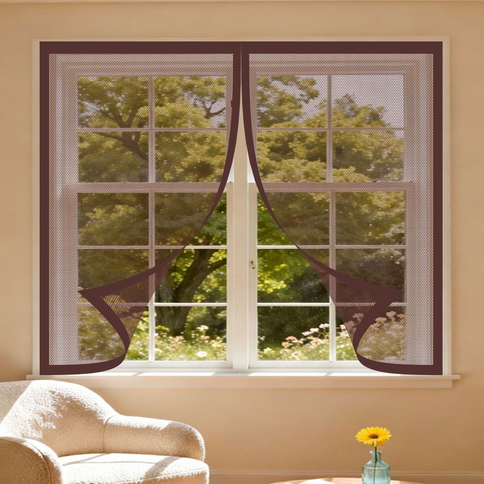 Magnetic Fly Screen Window 195 x 156 cm Easy Installation Magnetic Fly Net for Windows Heavy Duty Mesh Fitted to Multiple Windows, Brown