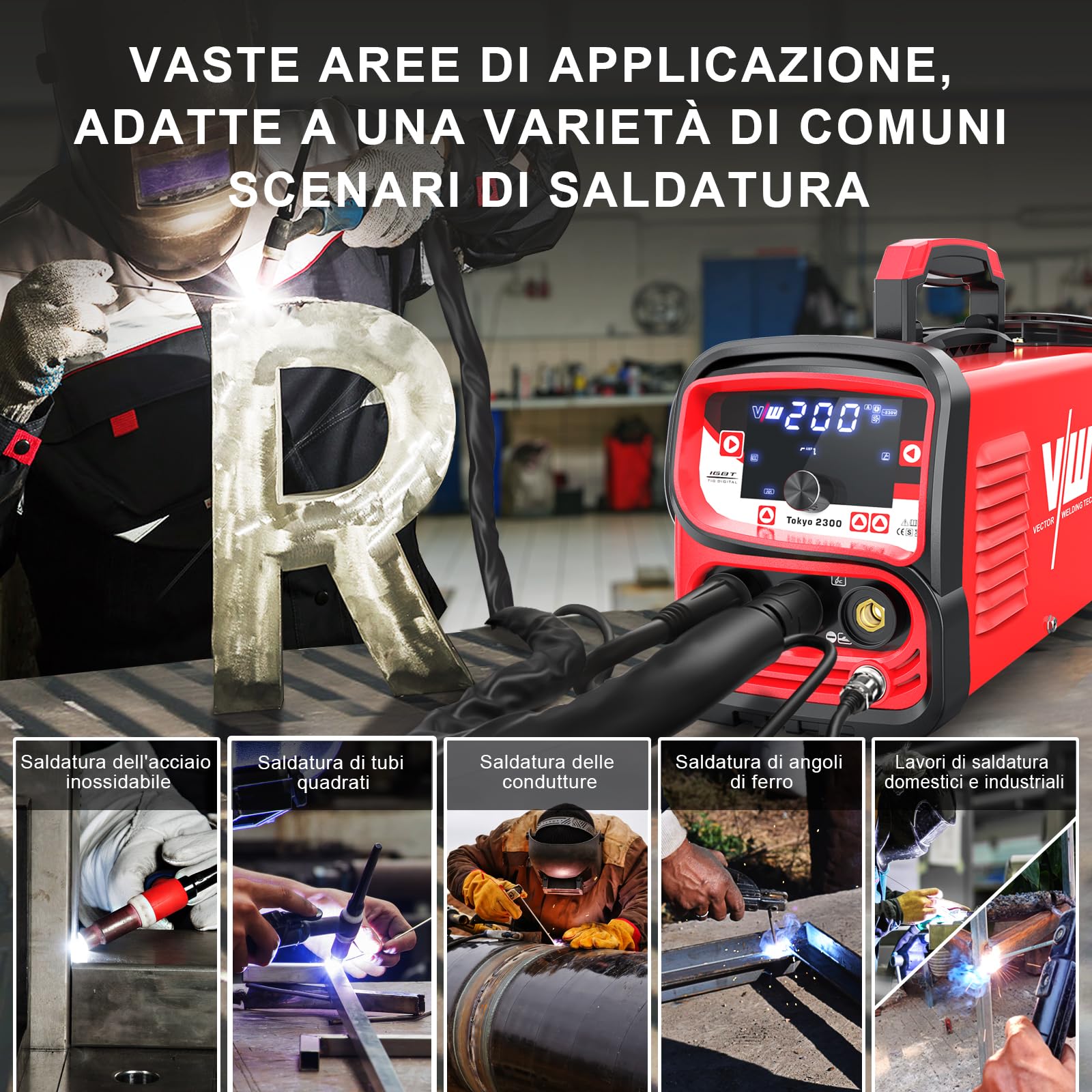Saldatrice TIG 200A DC con Funzione Impulso e IGBT, MMA, Daldatore TIG con Grande Display LED, Avvio a Caldo, Arc Force e Nove Slot di Memoria, Tokyo 2300 - Vector Welding