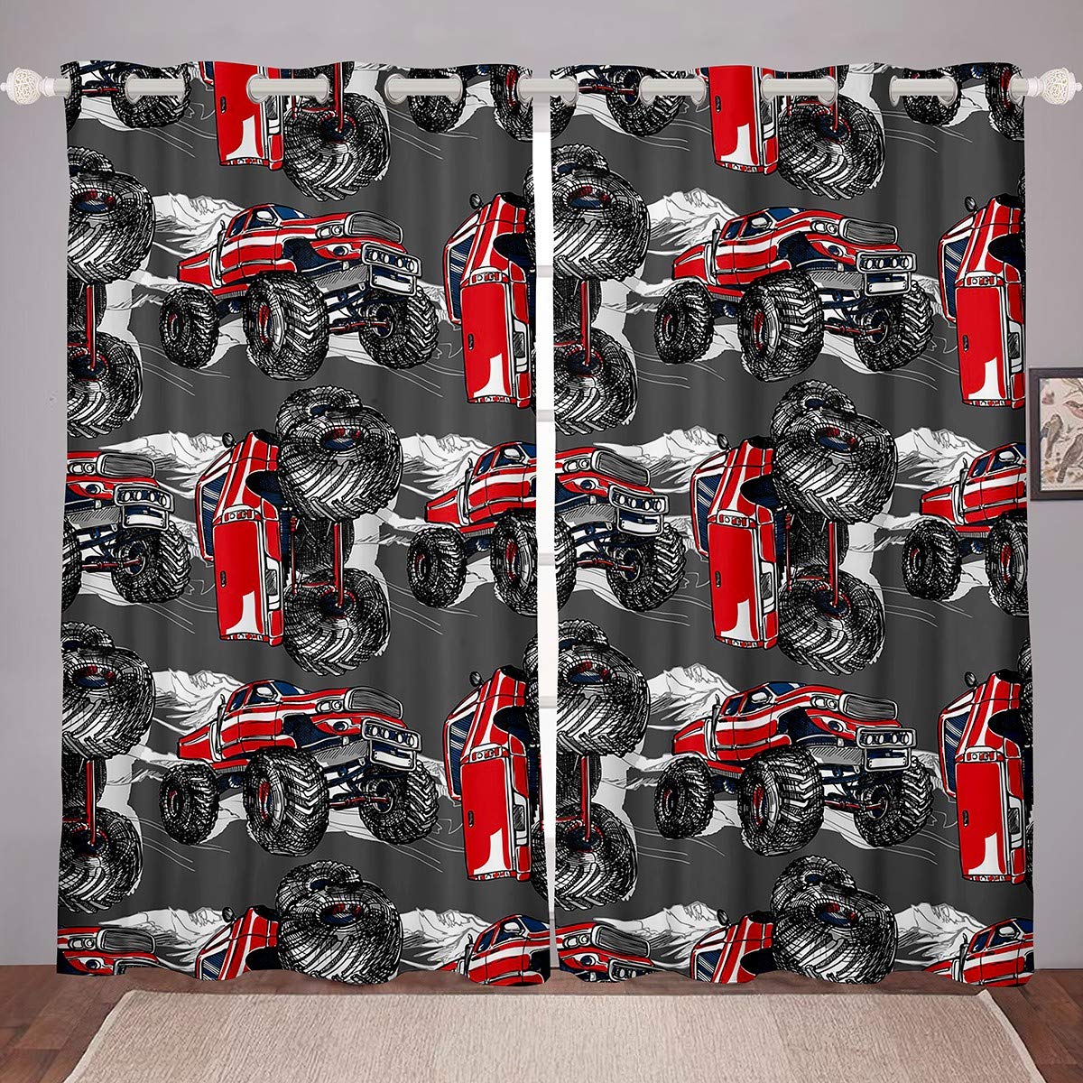 Cars Curtains Truck Curtains for Bedroom Living Room for Kids Boys Girls Youth Man Hand Drawn Enormous Wheels Off Road Lifestyle Windows Drapes Red Black Room Decoration W66*L72 โ image 1