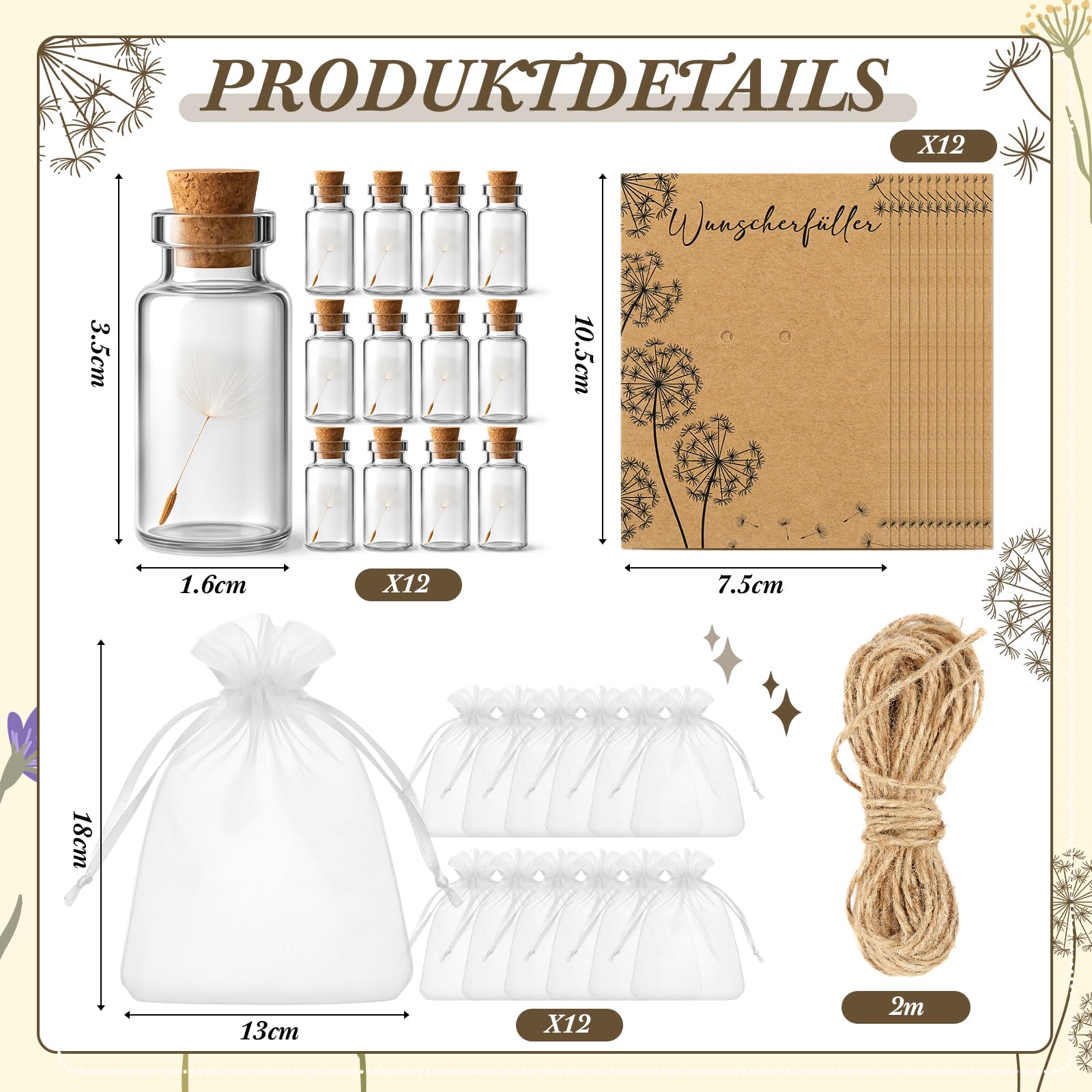 Geiserailie 12 Set Pequeño Concededor de Deseos Dientes de León en Frasco Tarjeta Bolsa de Organza Cuerda Regalo de Gracias Amuleto de Suerte Favores de Fiesta para Navidad Cumpleaños Boda